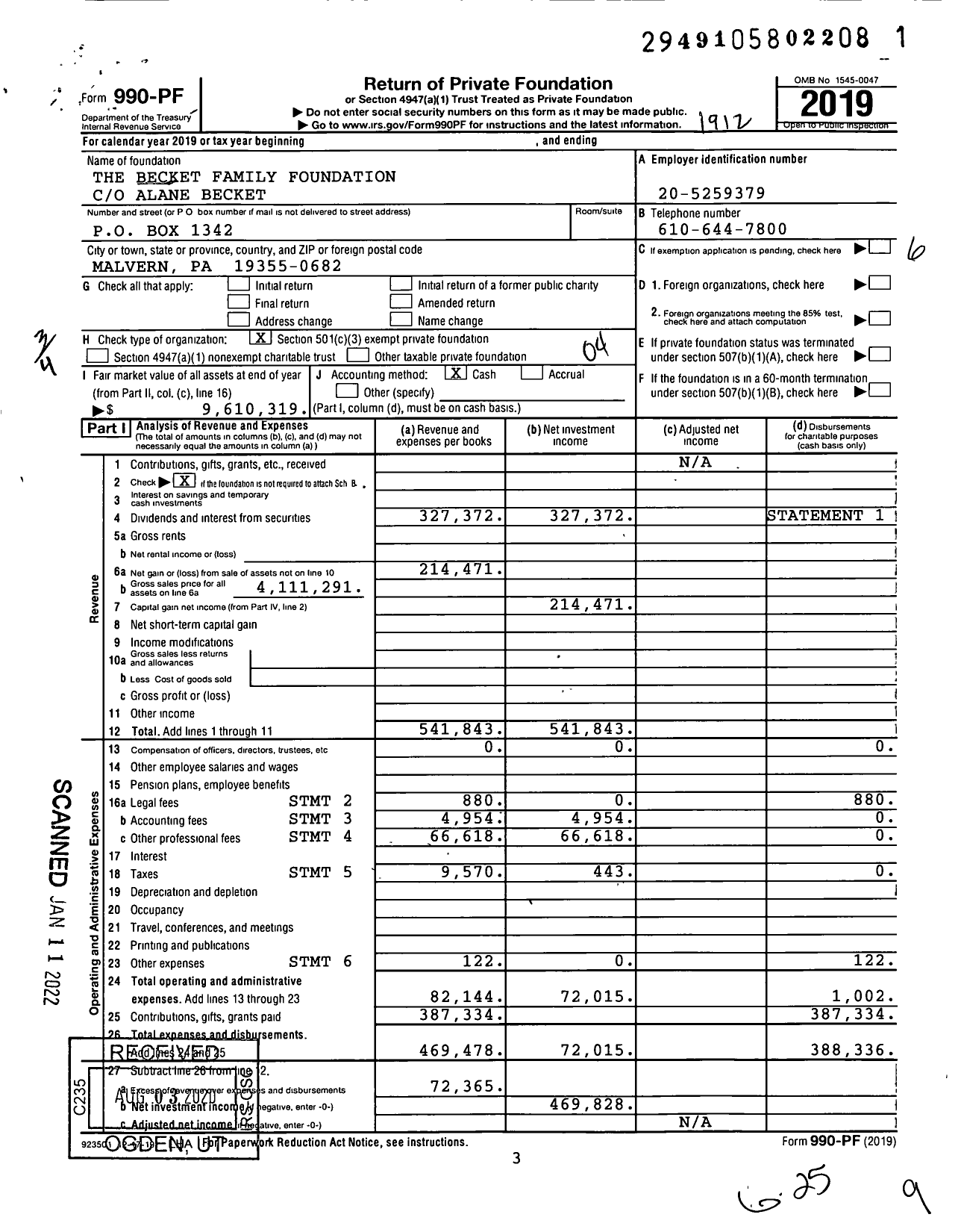 Image of first page of 2019 Form 990PF for The Becket Family Foundation