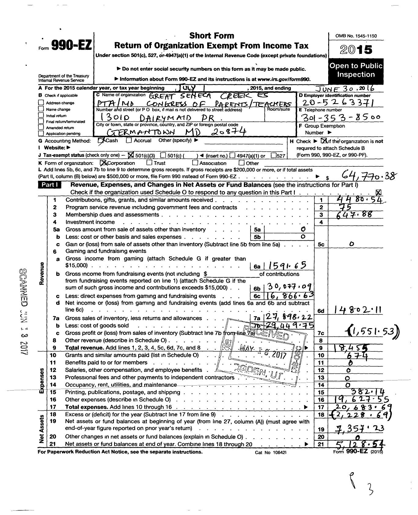 Image of first page of 2015 Form 990EZ for PTA Delaware Congress / Great Seneca Creek Es