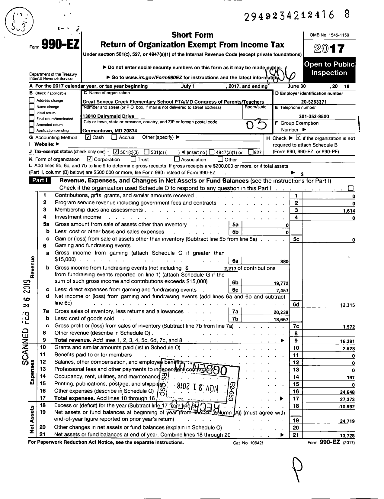 Image of first page of 2017 Form 990EZ for PTA Delaware Congress / Great Seneca Creek Es