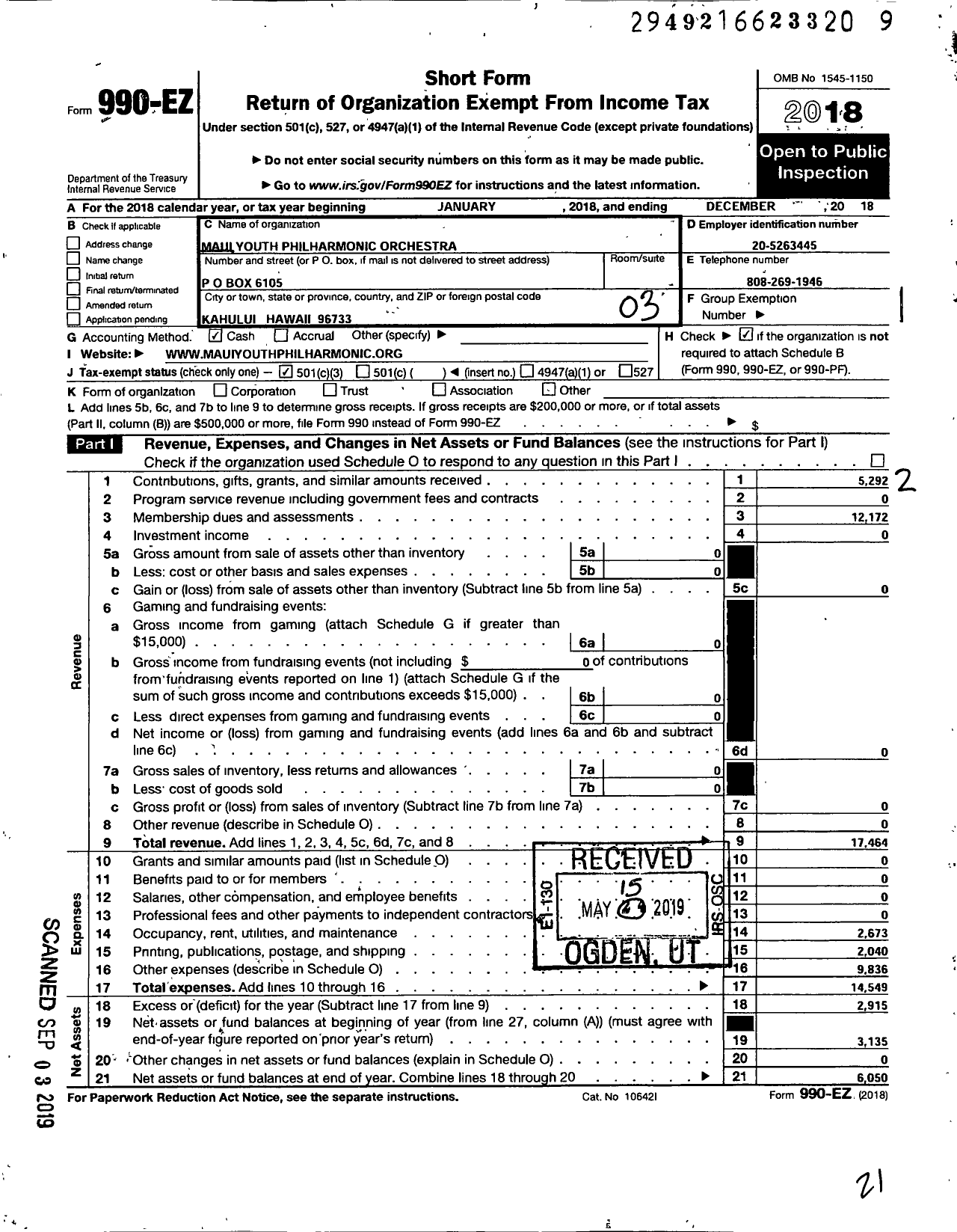 Image of first page of 2018 Form 990EZ for Maui Youth Philharmonic Orchestra