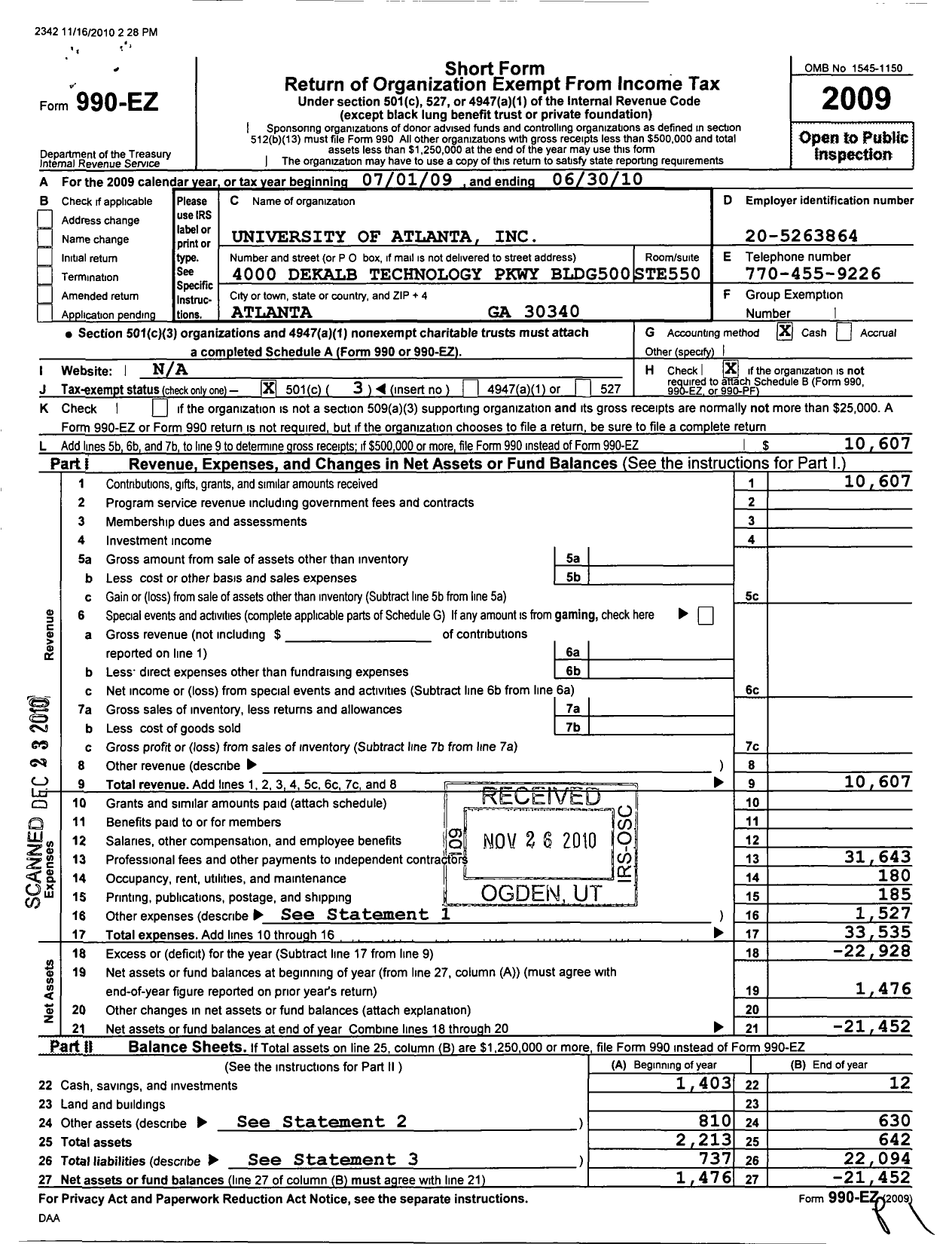 Image of first page of 2009 Form 990EZ for Greater Atlanta University