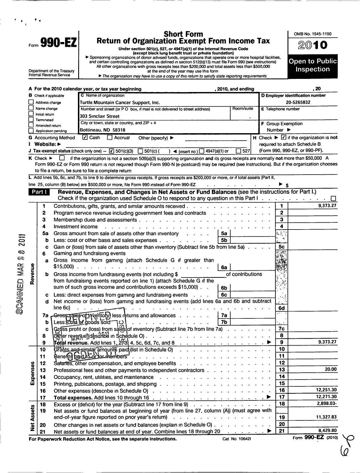 Image of first page of 2010 Form 990EZ for Turtle Mountain Cancer Support