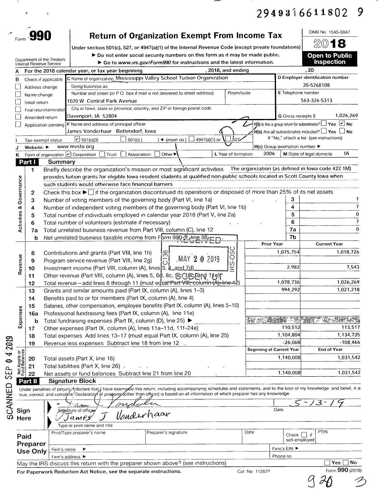 Image of first page of 2018 Form 990 for Mississippi Valley School Tuition Organization