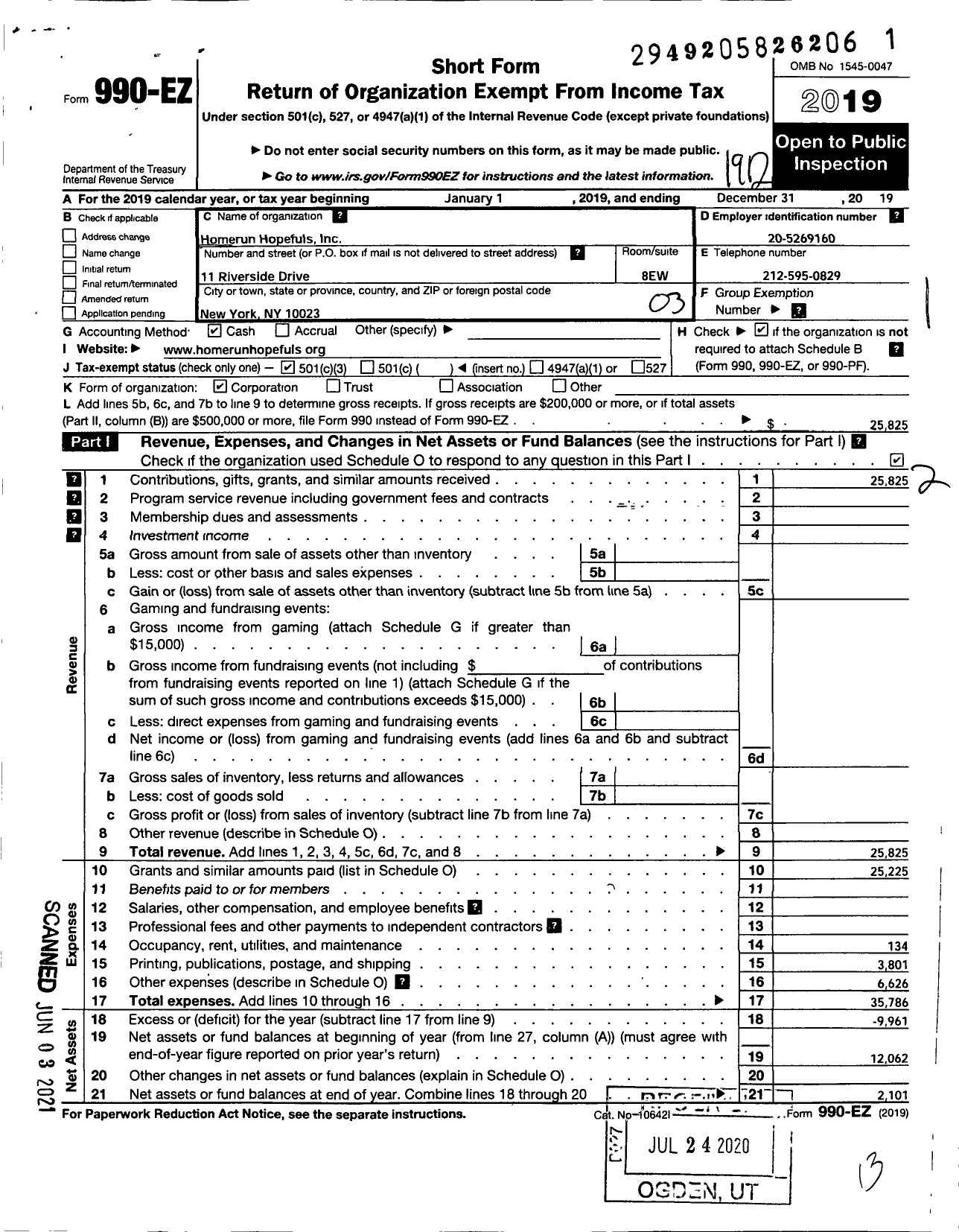 Image of first page of 2019 Form 990EZ for Homerun Hopefuls