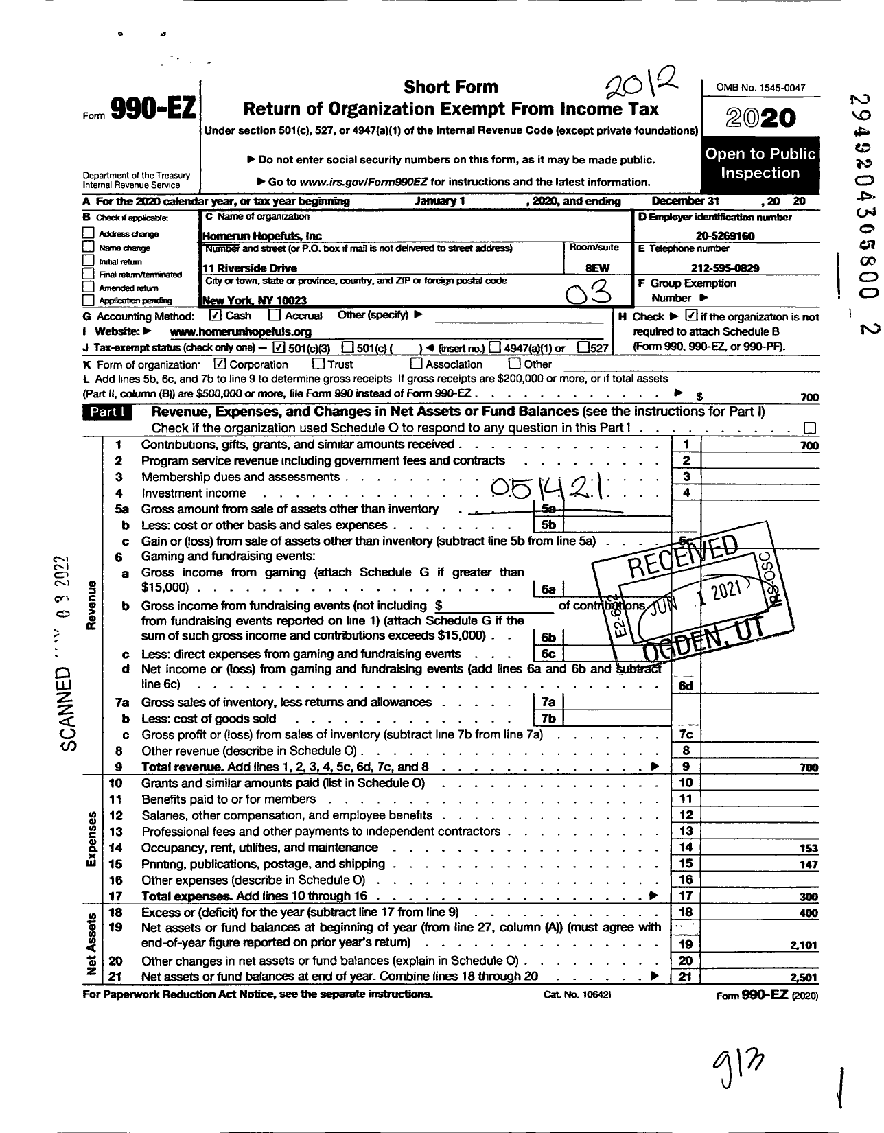 Image of first page of 2020 Form 990EZ for Homerun Hopefuls