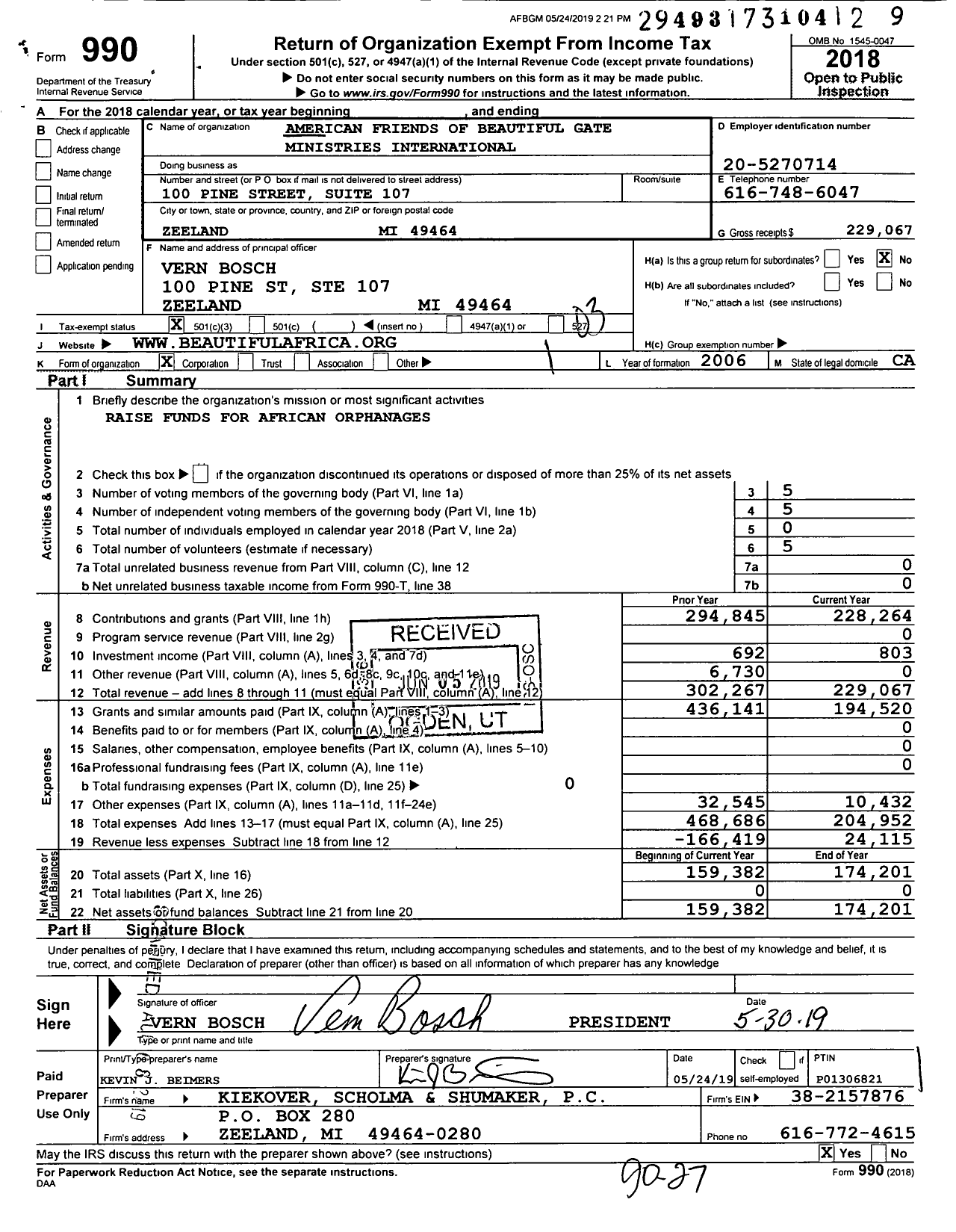 Image of first page of 2018 Form 990 for American Friends of Beautiful Gate Ministries International