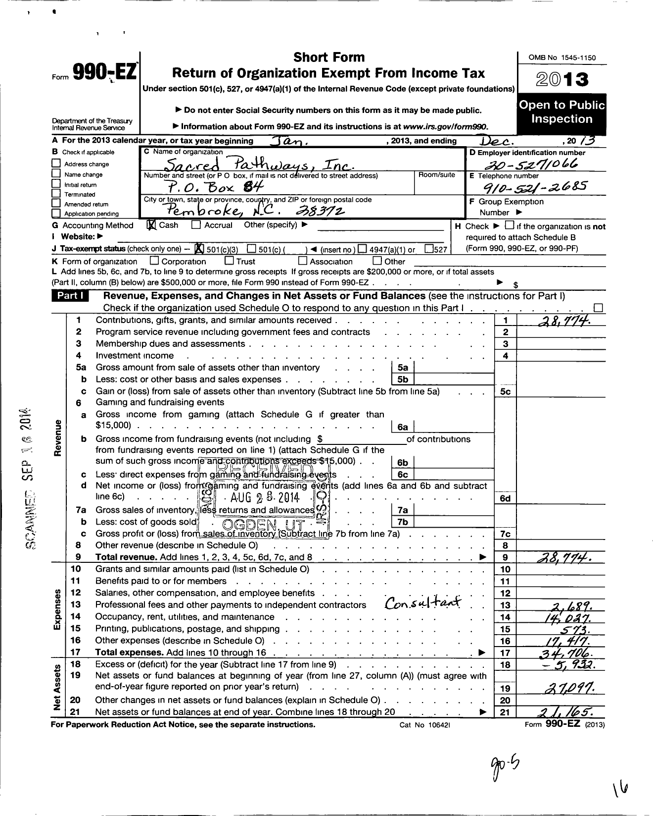 Image of first page of 2013 Form 990EZ for Scared Pathways