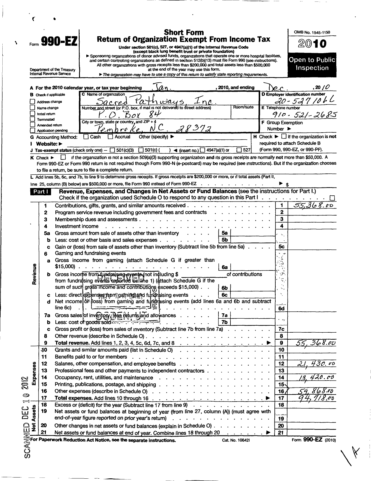 Image of first page of 2010 Form 990EO for Scared Pathways