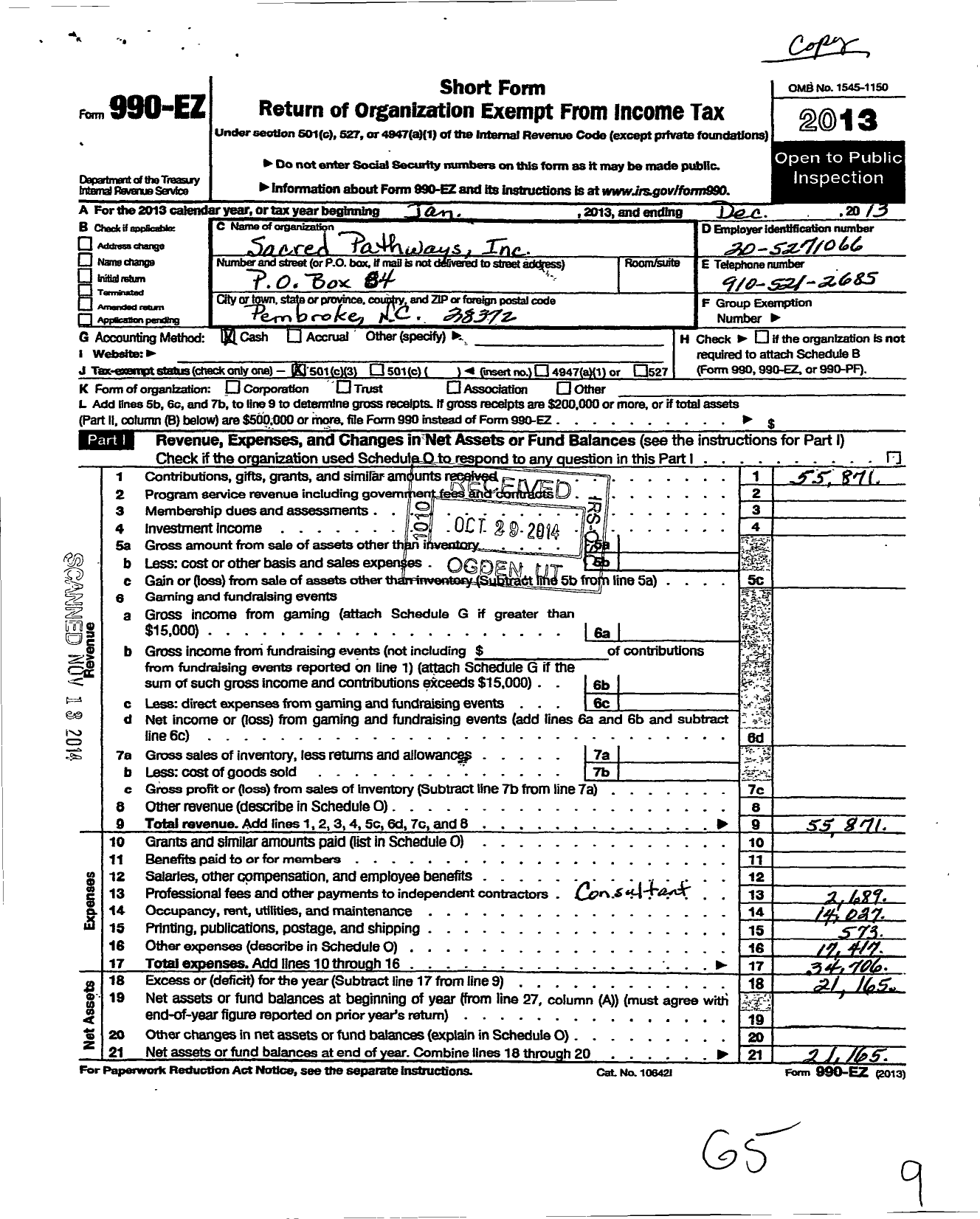 Image of first page of 2013 Form 990EZ for Scared Pathways