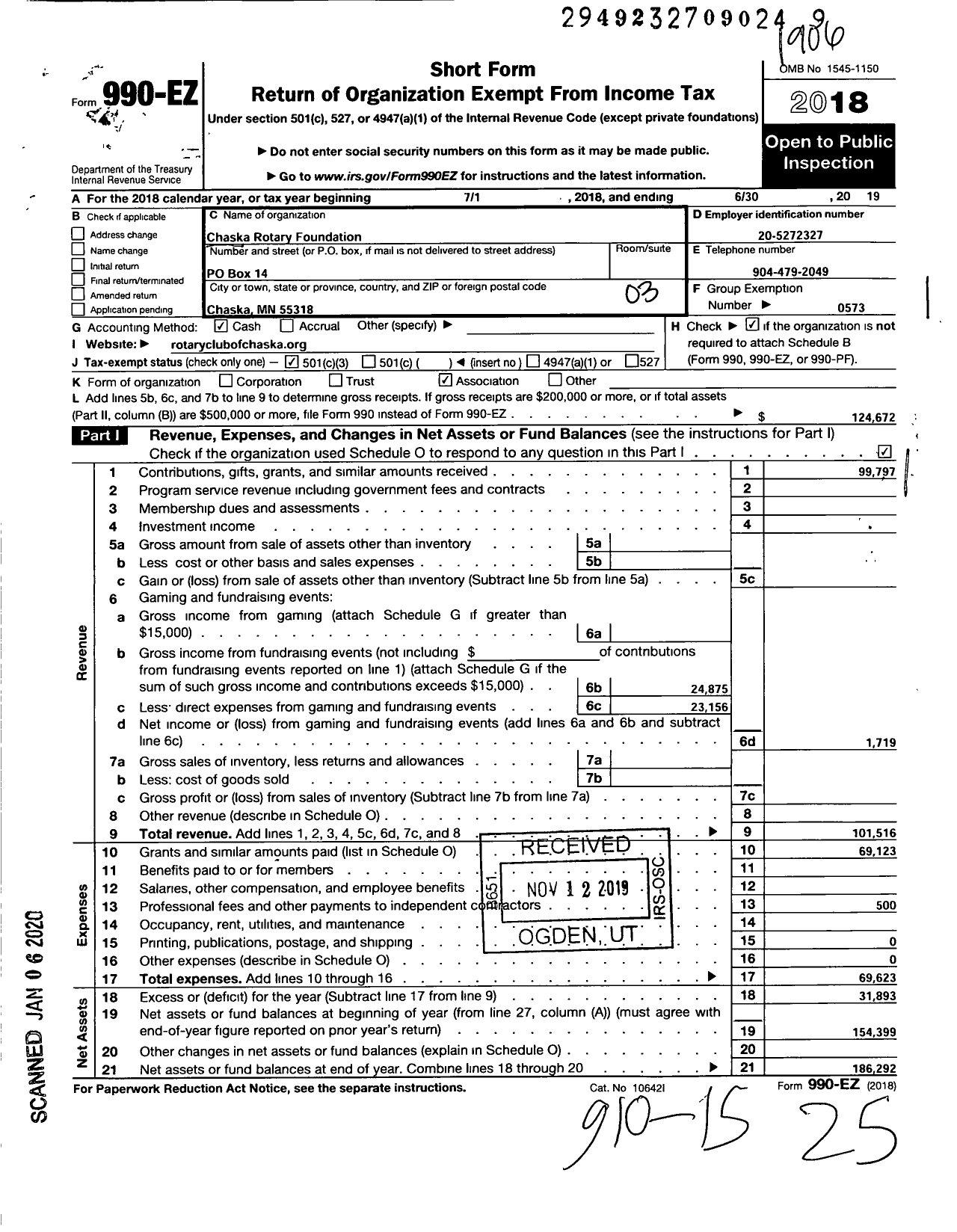 Image of first page of 2018 Form 990EZ for Chaska Rotary Foundation