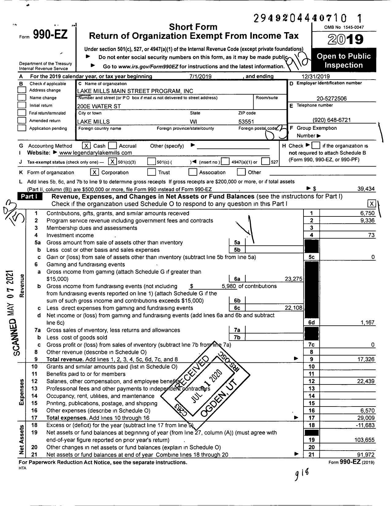 Image of first page of 2019 Form 990EZ for Lake Mills Main Street Program