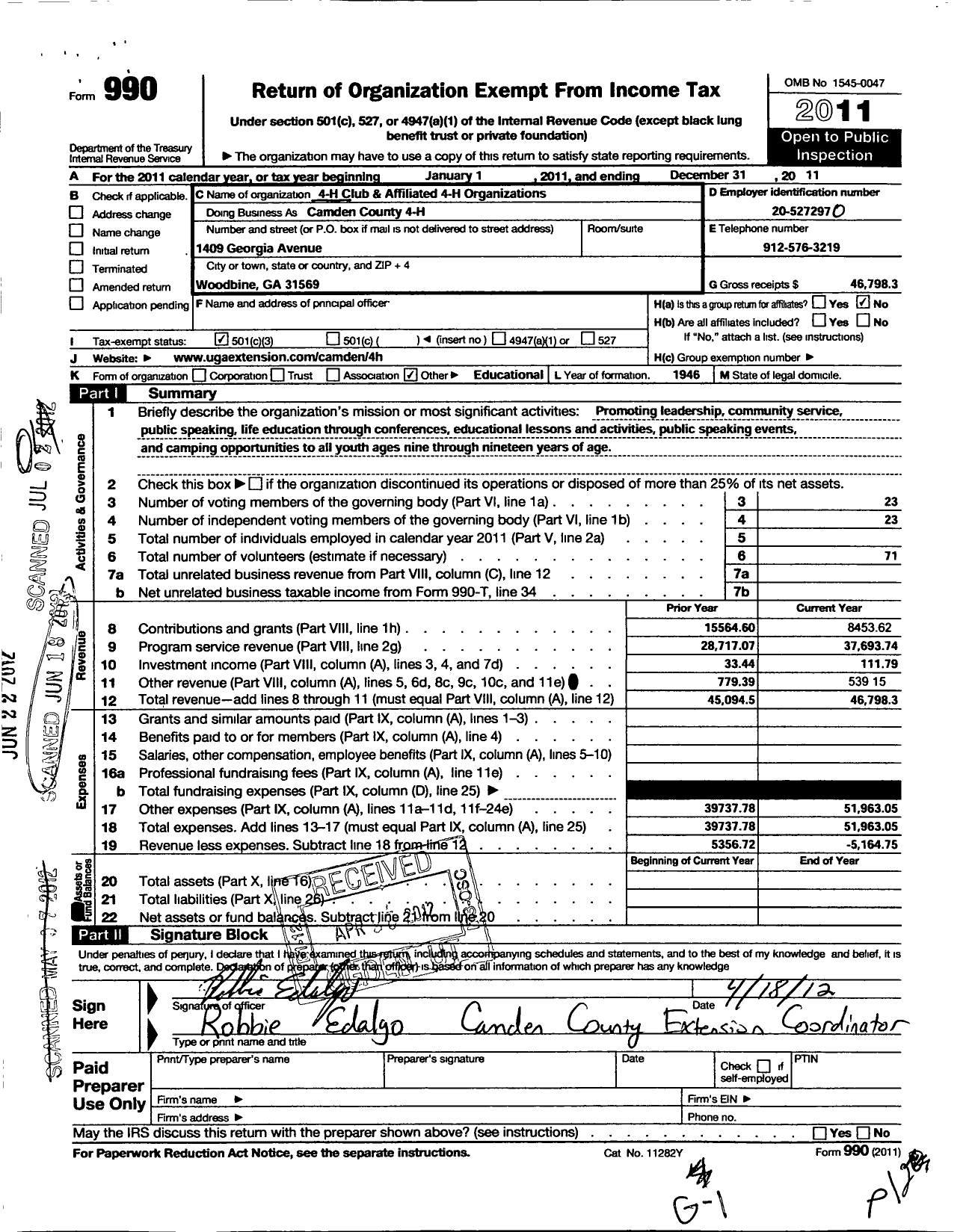 Image of first page of 2011 Form 990 for Georgia Extension 4-H Foundation / Camden County 4-H