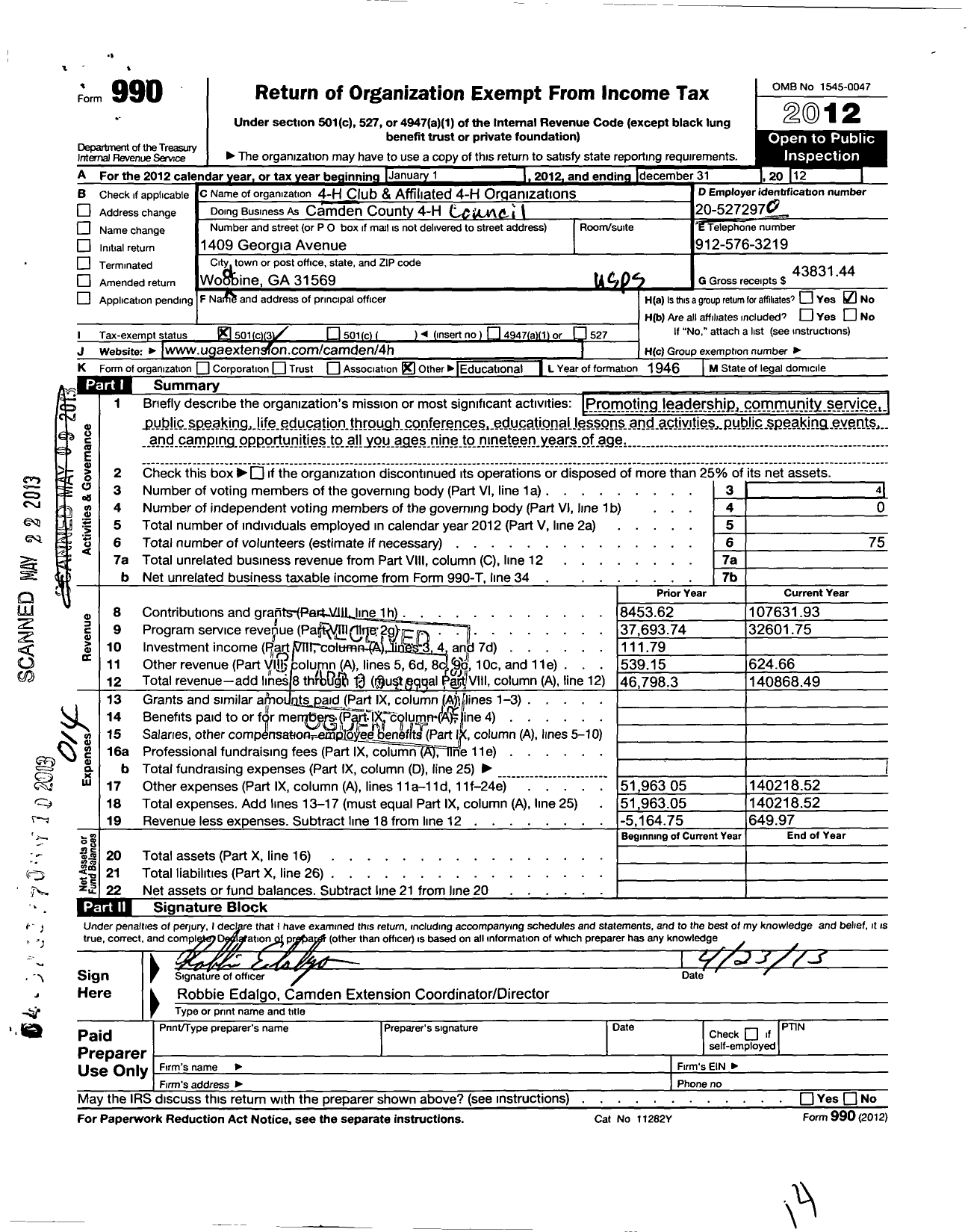 Image of first page of 2012 Form 990 for Georgia Extension 4-H Foundation / Camden County 4-H