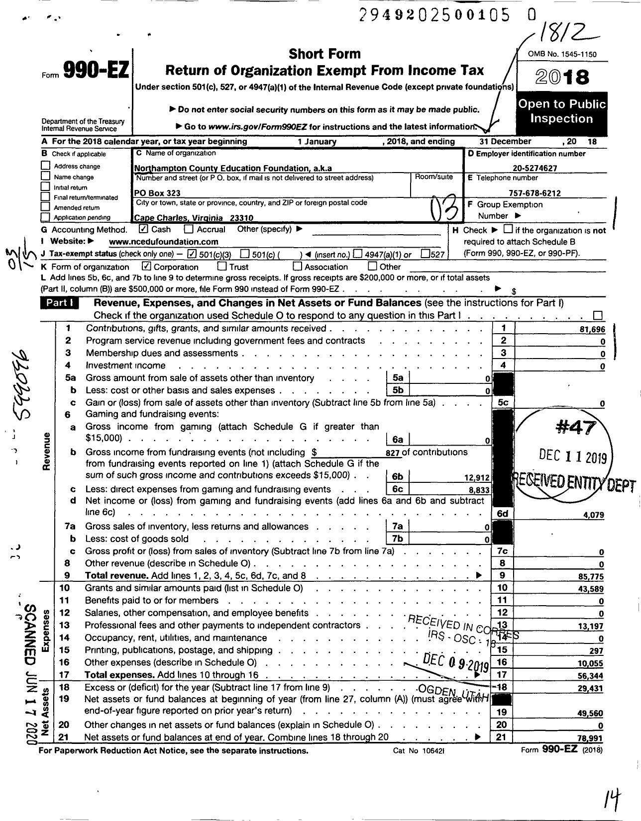 Image of first page of 2018 Form 990EZ for Northampton County Education Foundation