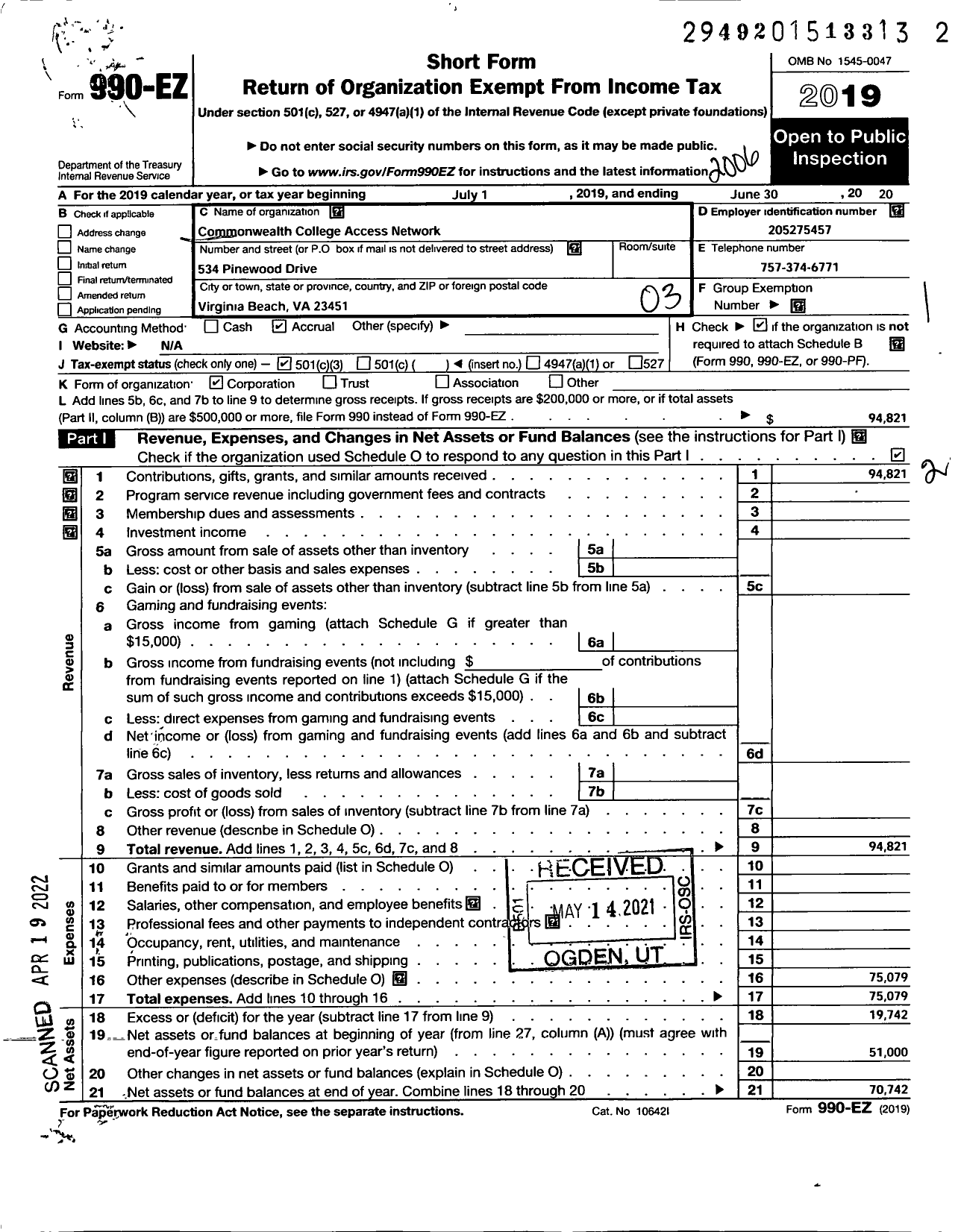 Image of first page of 2019 Form 990EZ for Commonwealth College Access Network