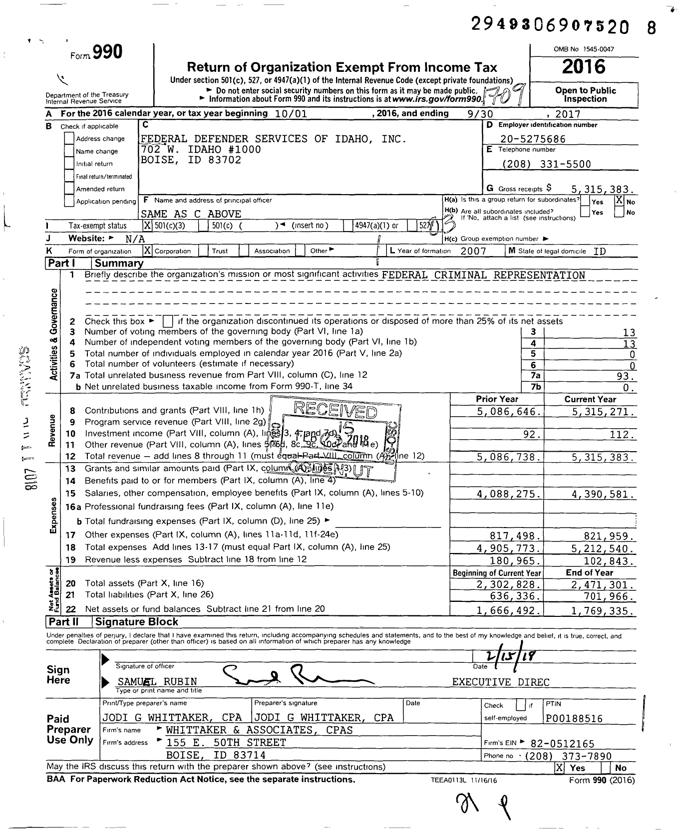 Image of first page of 2016 Form 990 for Federal Defender Services of Idaho