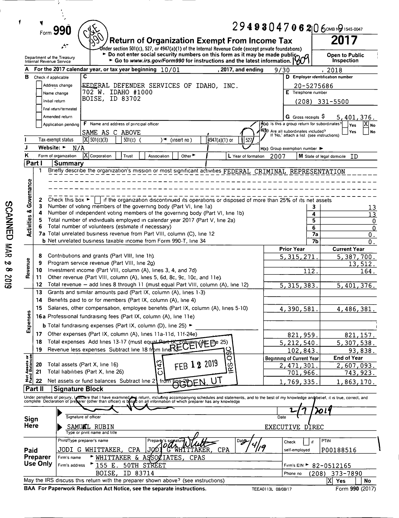 Image of first page of 2017 Form 990 for Federal Defender Services of Idaho