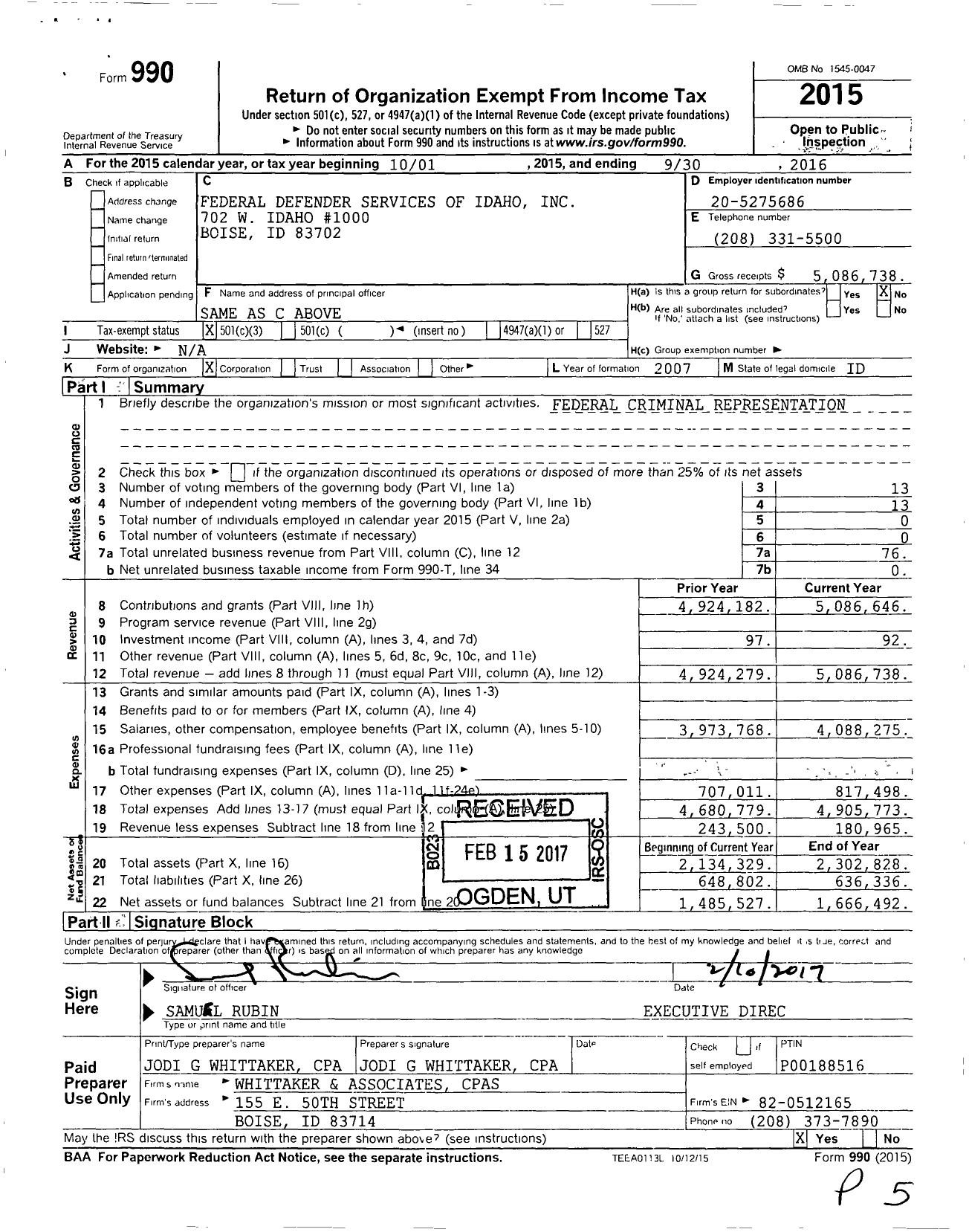 Image of first page of 2015 Form 990 for Federal Defender Services of Idaho