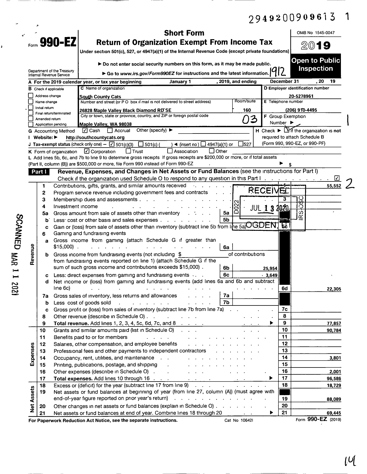 Image of first page of 2019 Form 990EZ for South County Cats