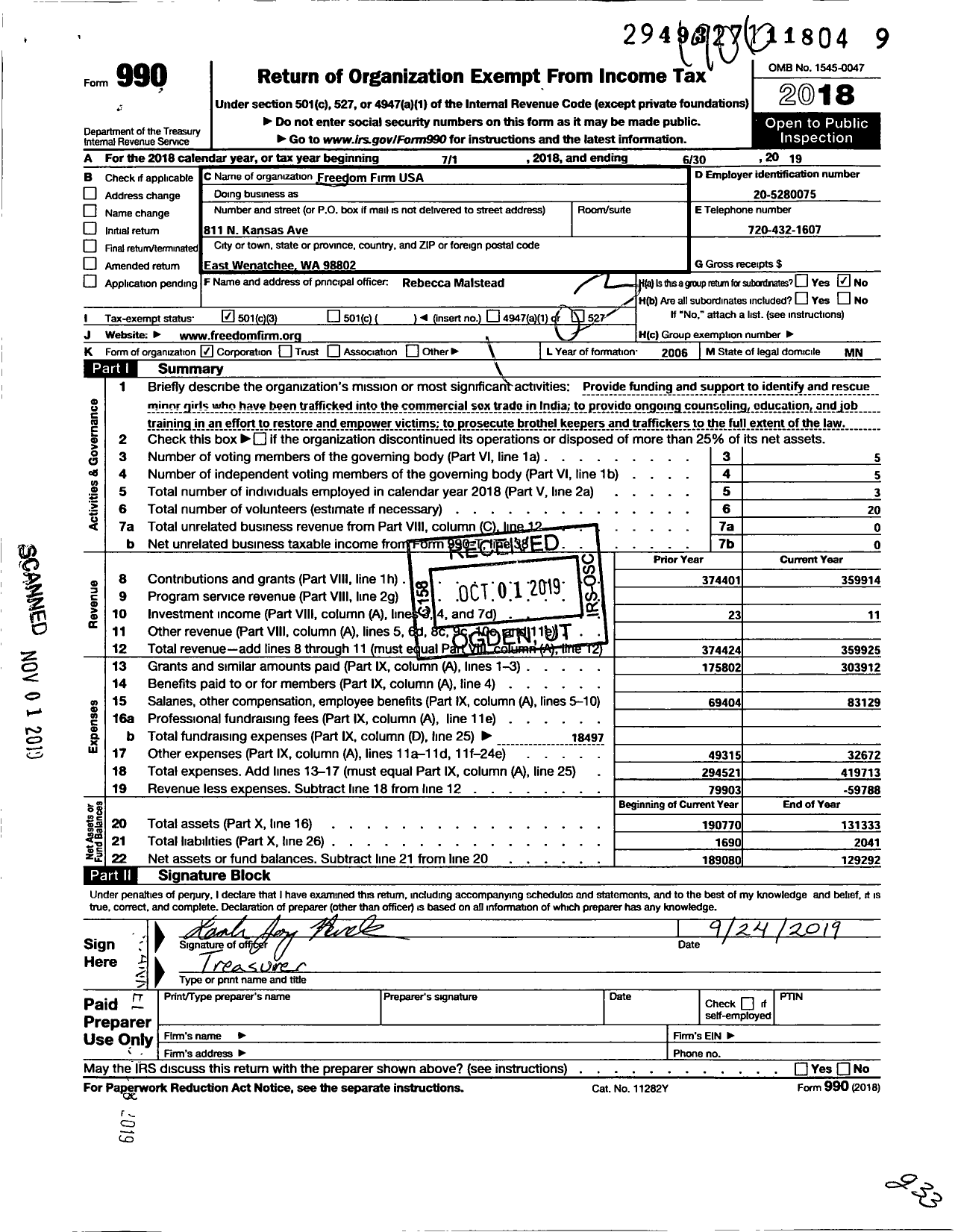 Image of first page of 2018 Form 990 for Freedom Firm USA