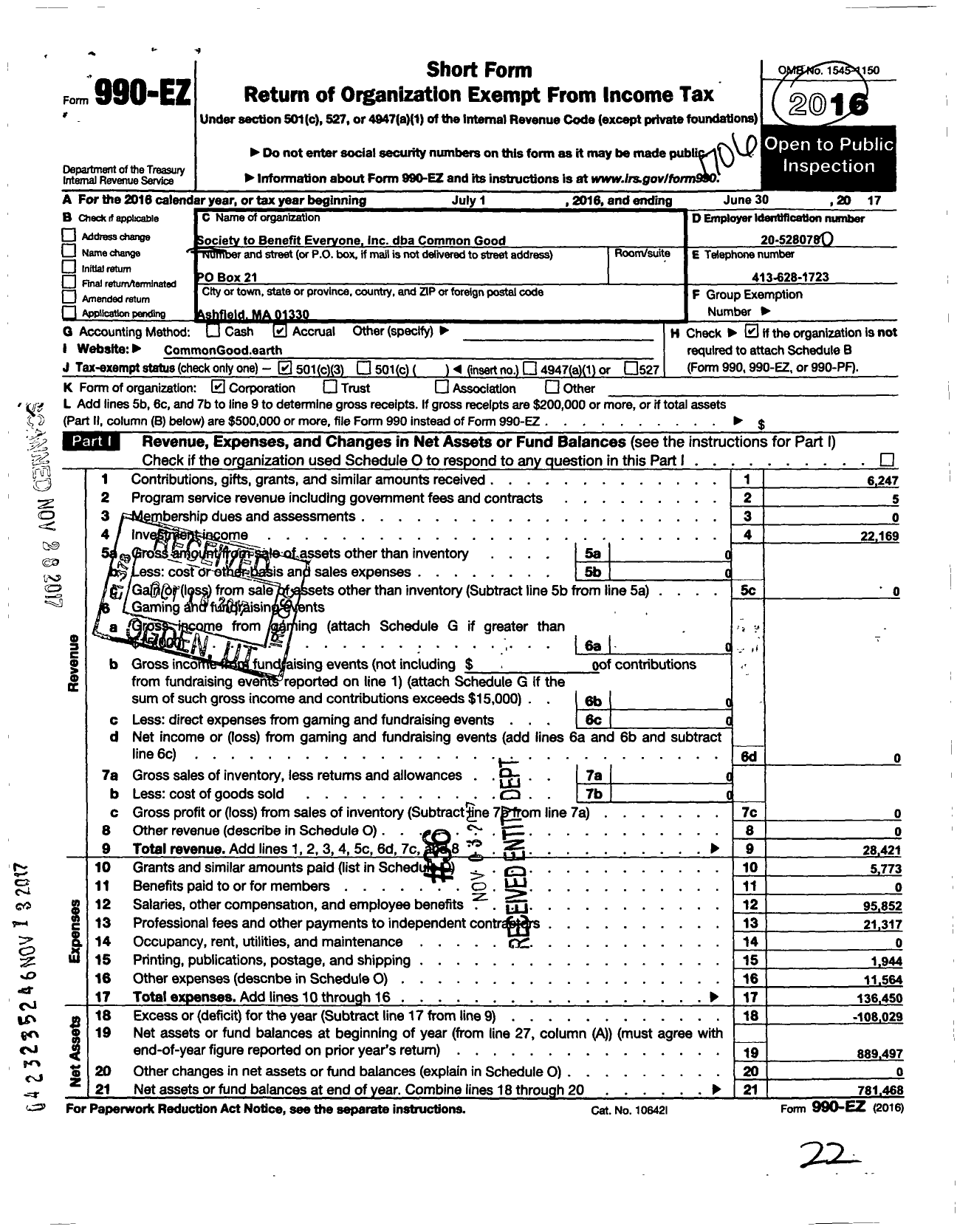 Image of first page of 2016 Form 990EZ for Common Good / Society To Benefit Everyone Inc