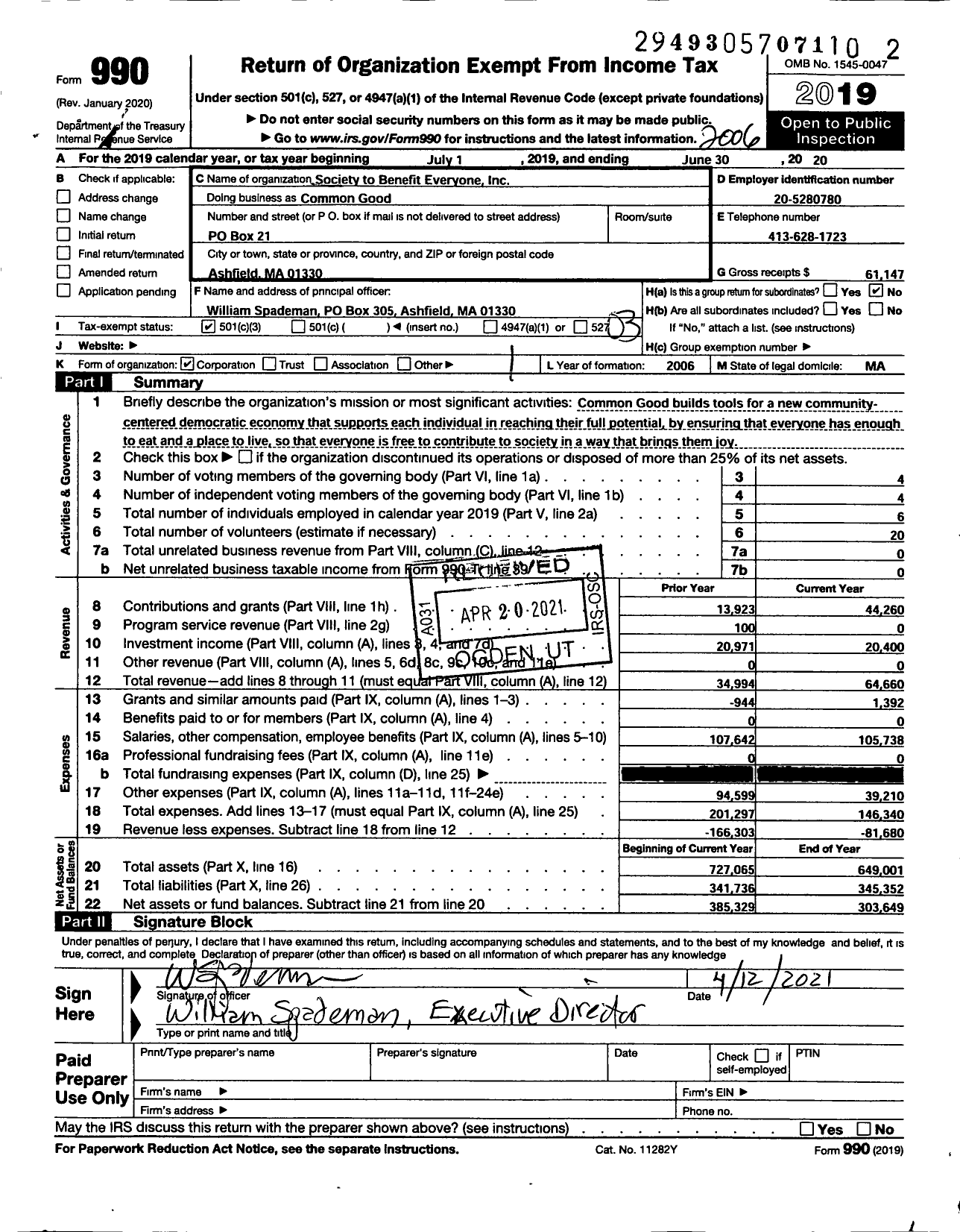 Image of first page of 2019 Form 990 for Common Good / Society To Benefit Everyone Inc