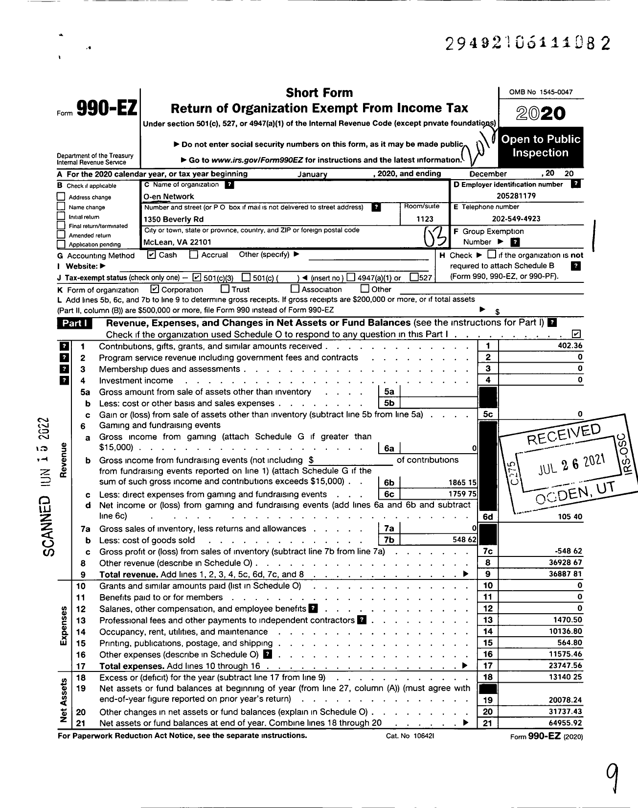 Image of first page of 2020 Form 990EZ for O-En Network