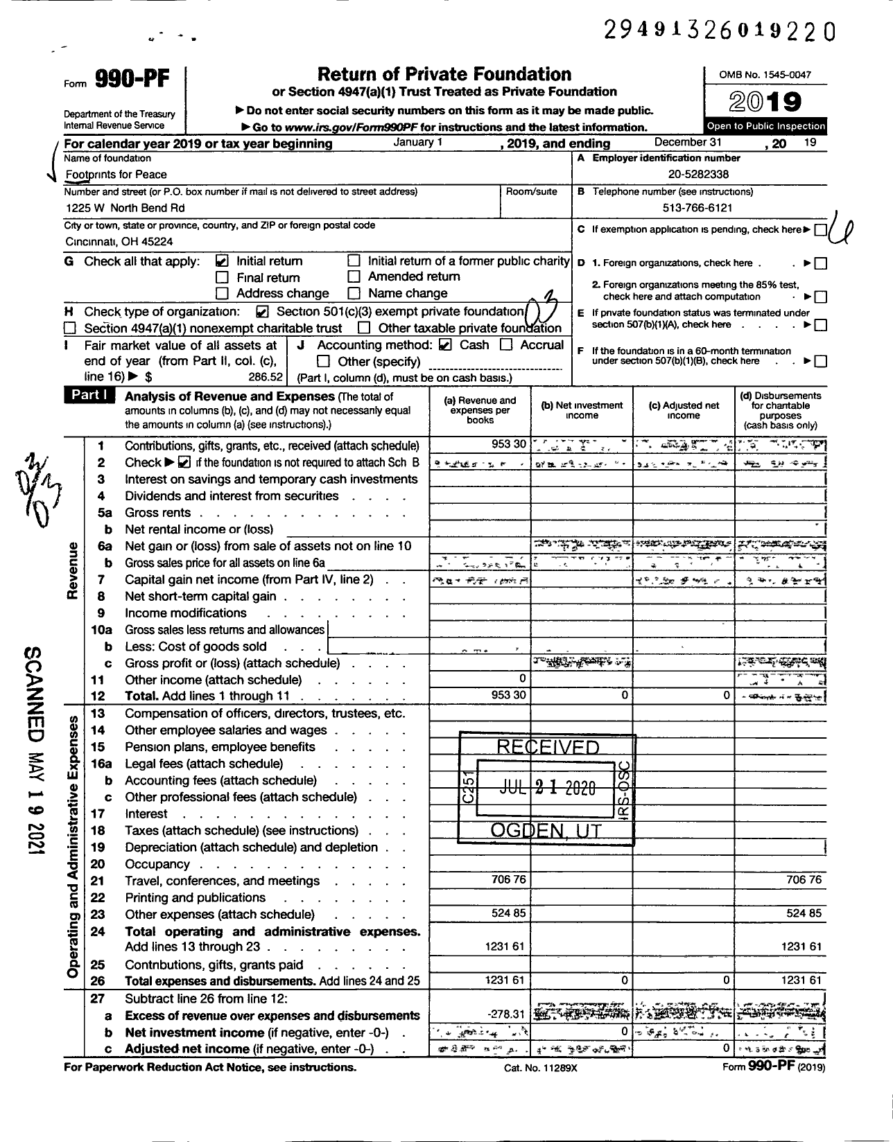 Image of first page of 2019 Form 990PF for Footprints for Peace