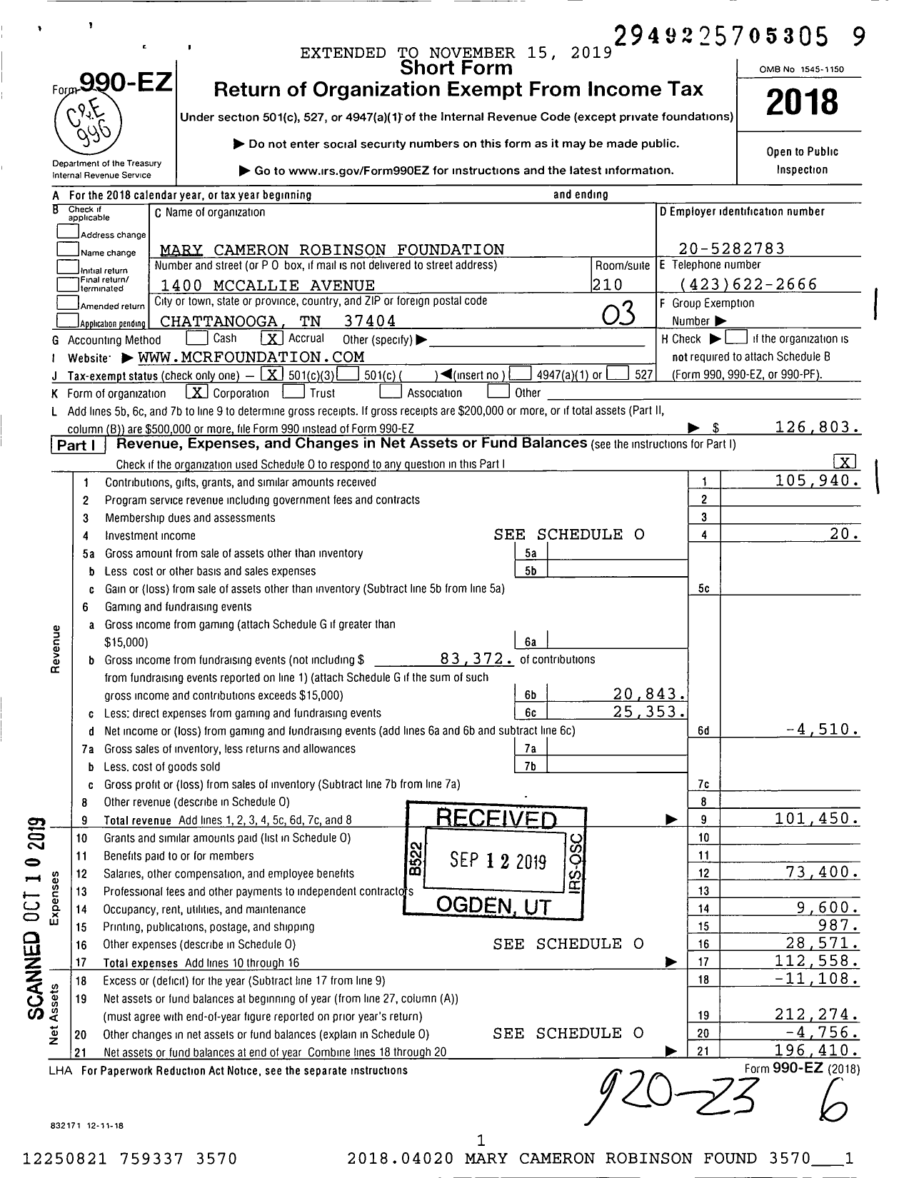 Image of first page of 2018 Form 990EZ for Mary Cameron Robinson Foundation