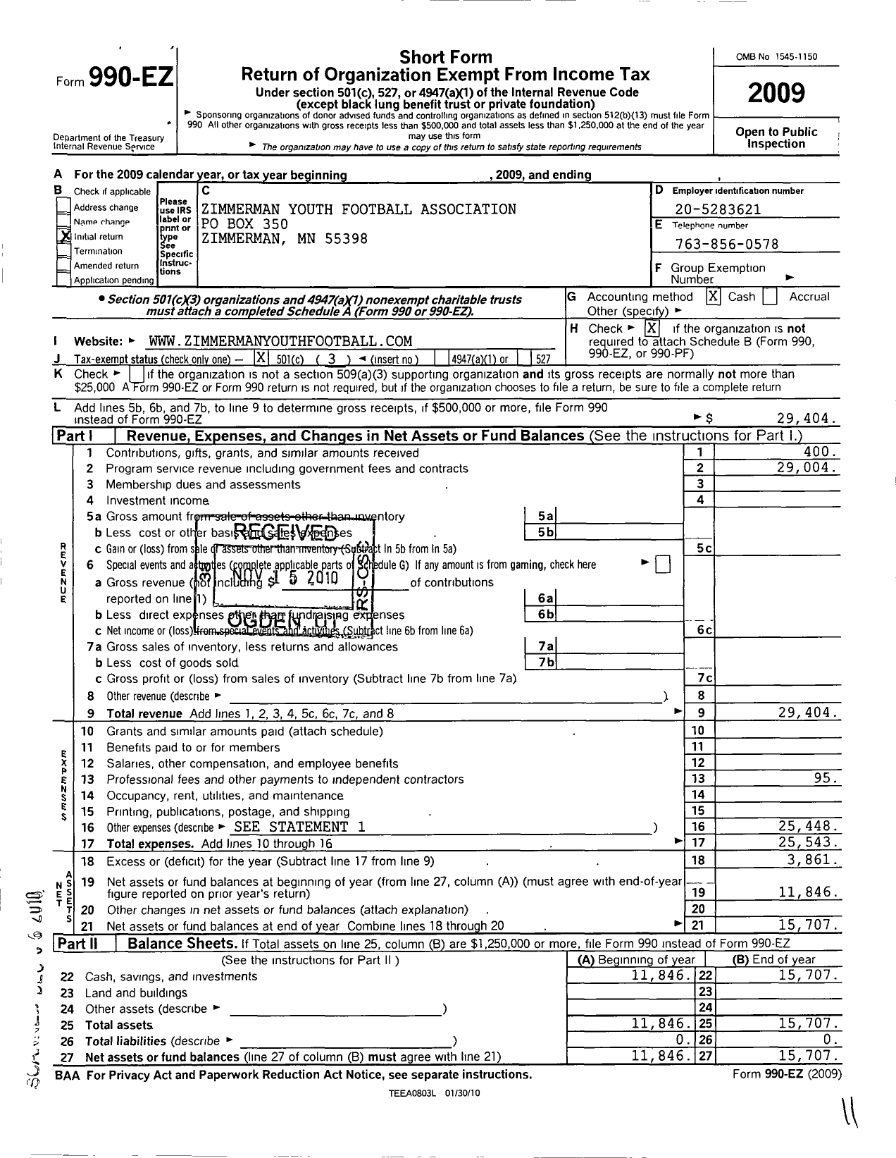 Image of first page of 2009 Form 990EZ for Zimmerman Youth Football Association