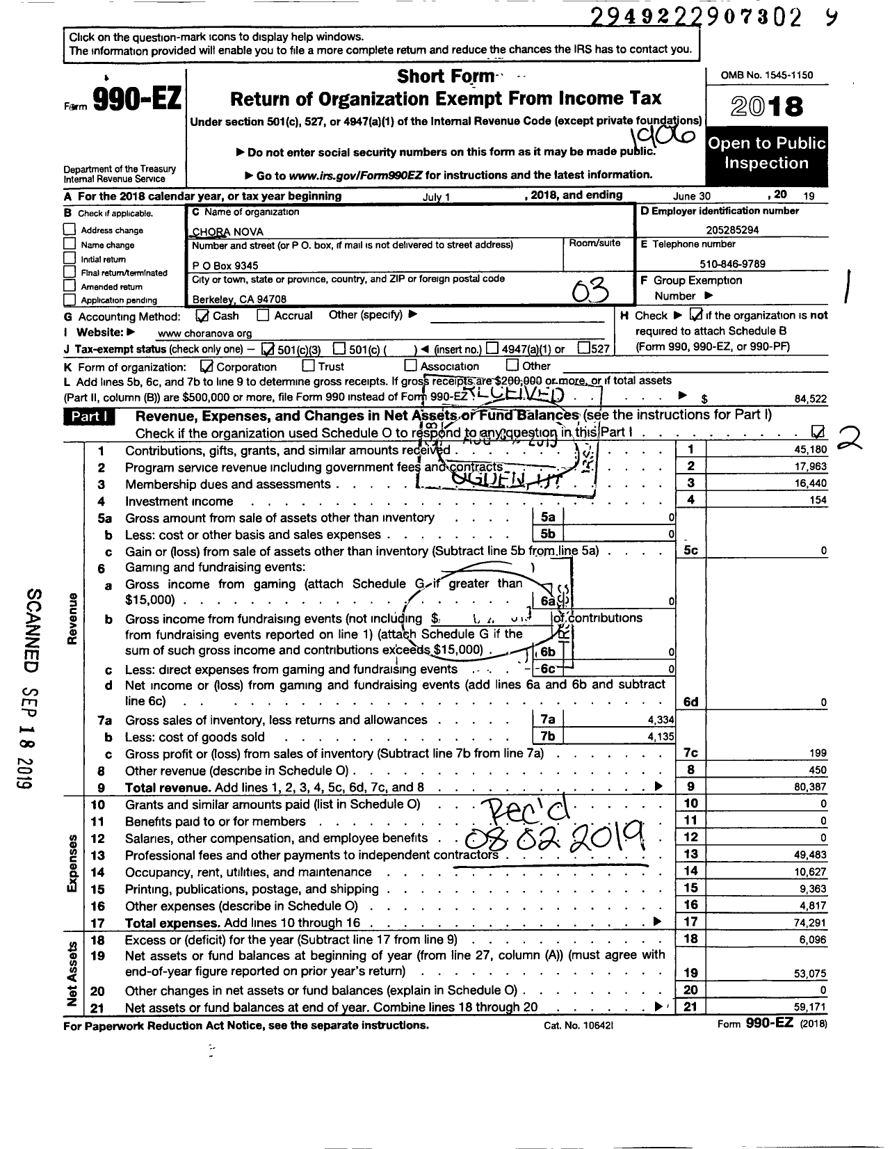 Image of first page of 2018 Form 990EZ for Chora Nova