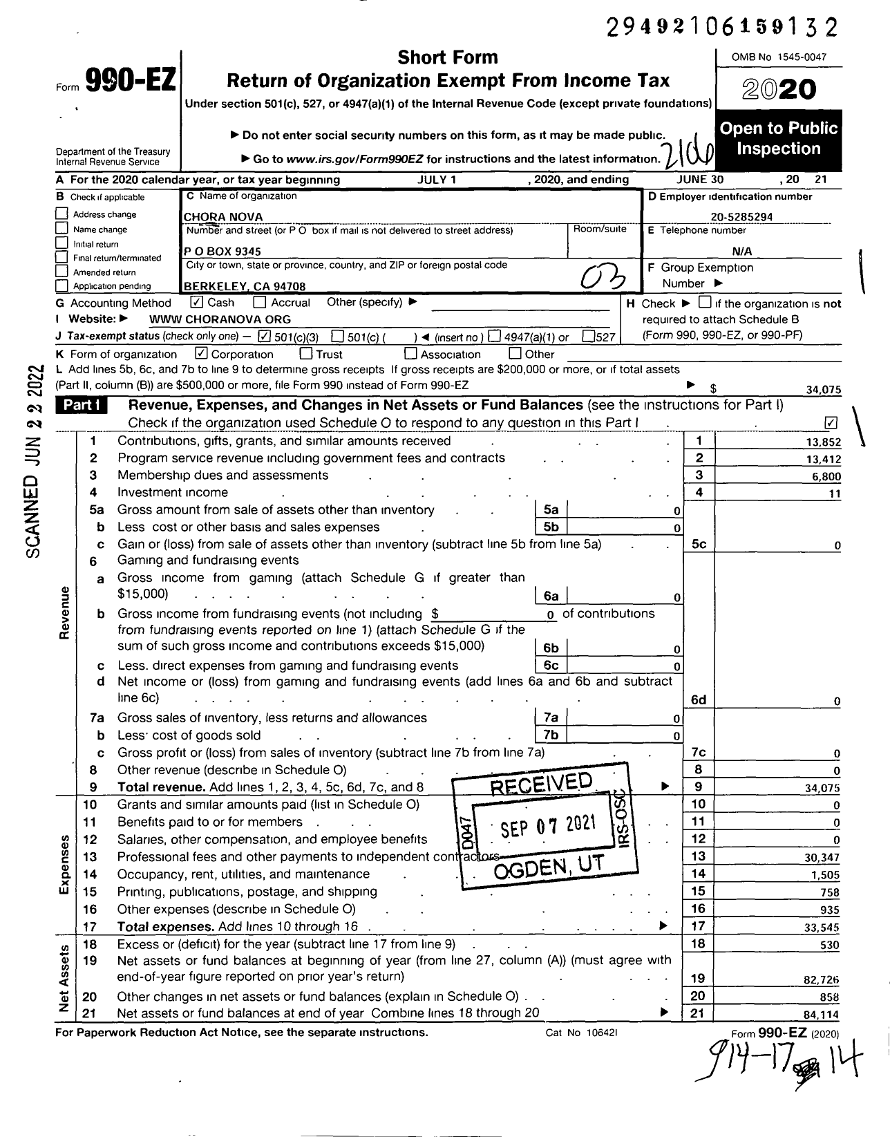 Image of first page of 2020 Form 990EZ for Chora Nova