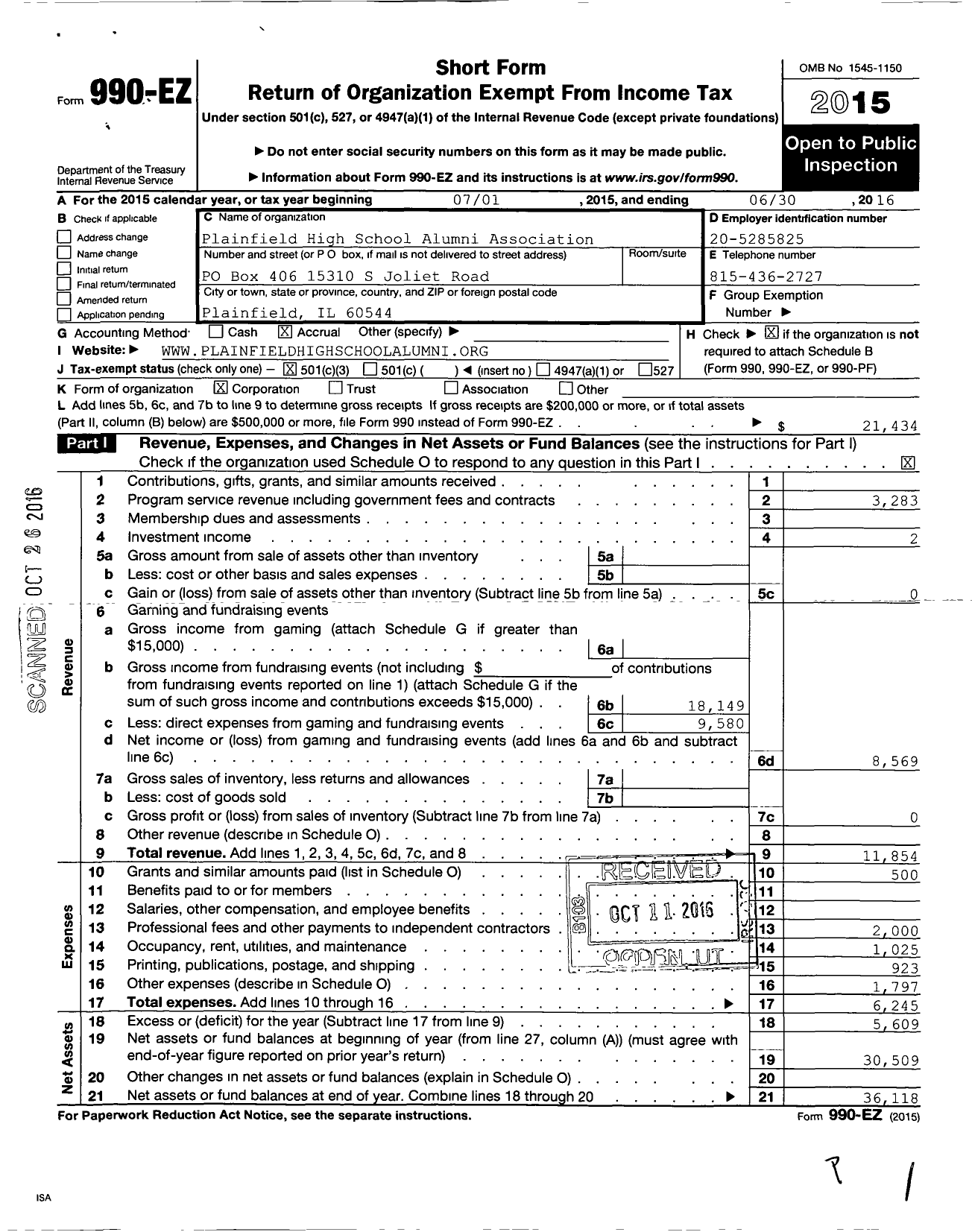 Image of first page of 2015 Form 990EZ for Plainfield High School Alumni Association