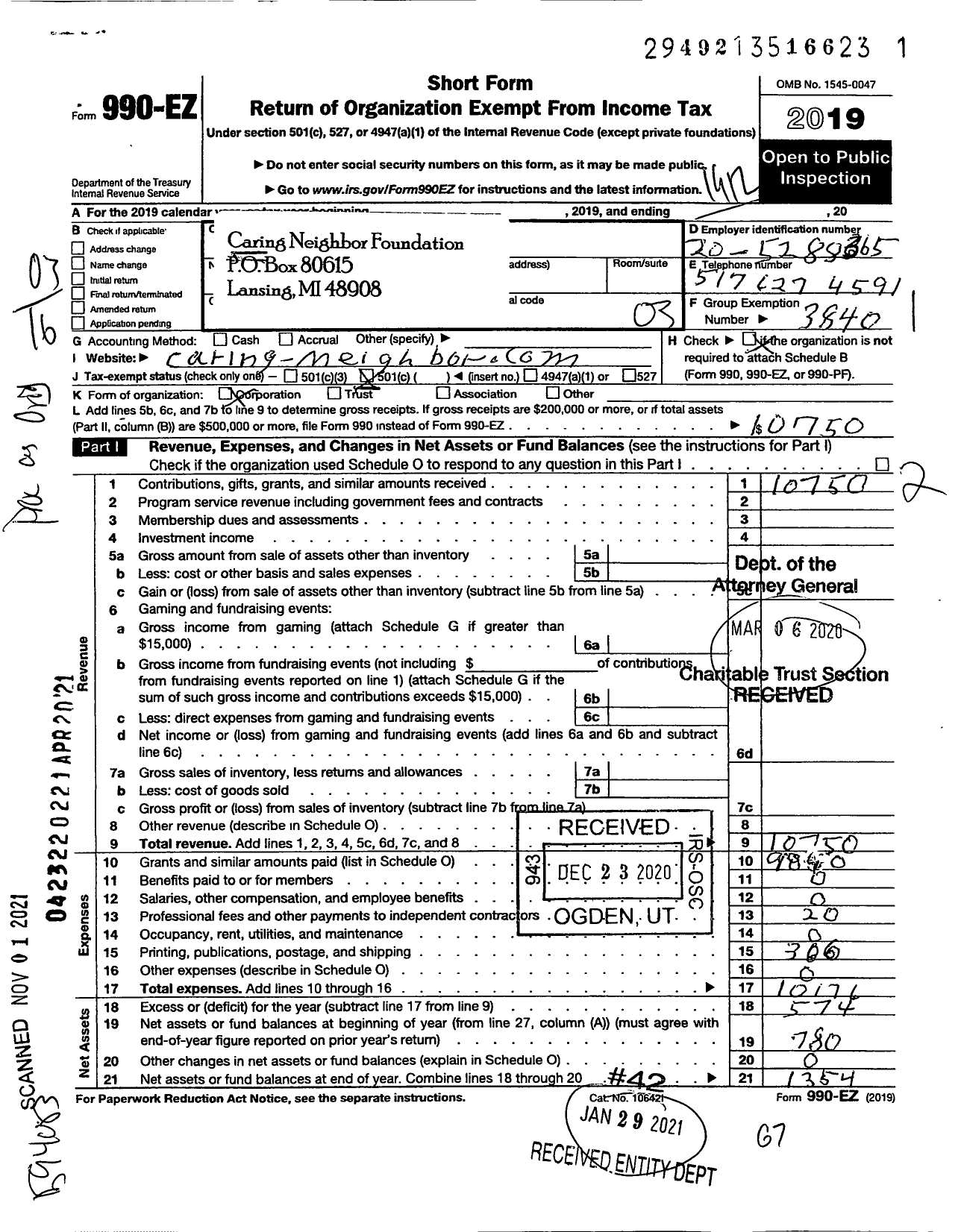 Image of first page of 2019 Form 990EZ for World Caring Neighbor Foundation