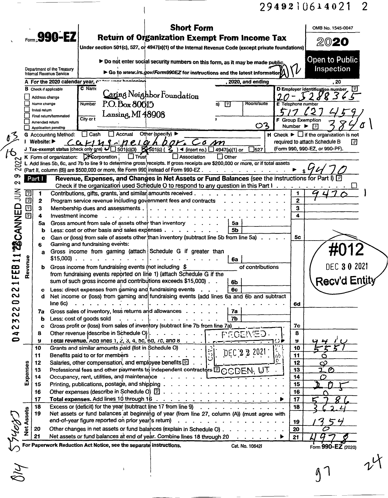 Image of first page of 2020 Form 990EZ for World Caring Neighbor Foundation