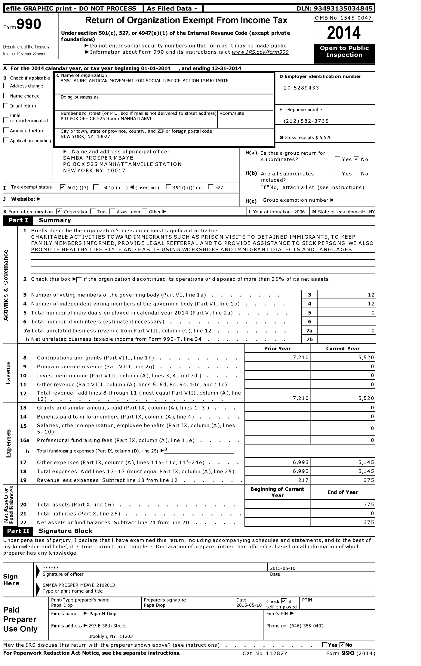 Image of first page of 2014 Form 990 for Amsj-Ai African Movement for Social Justice-Action Immigrant