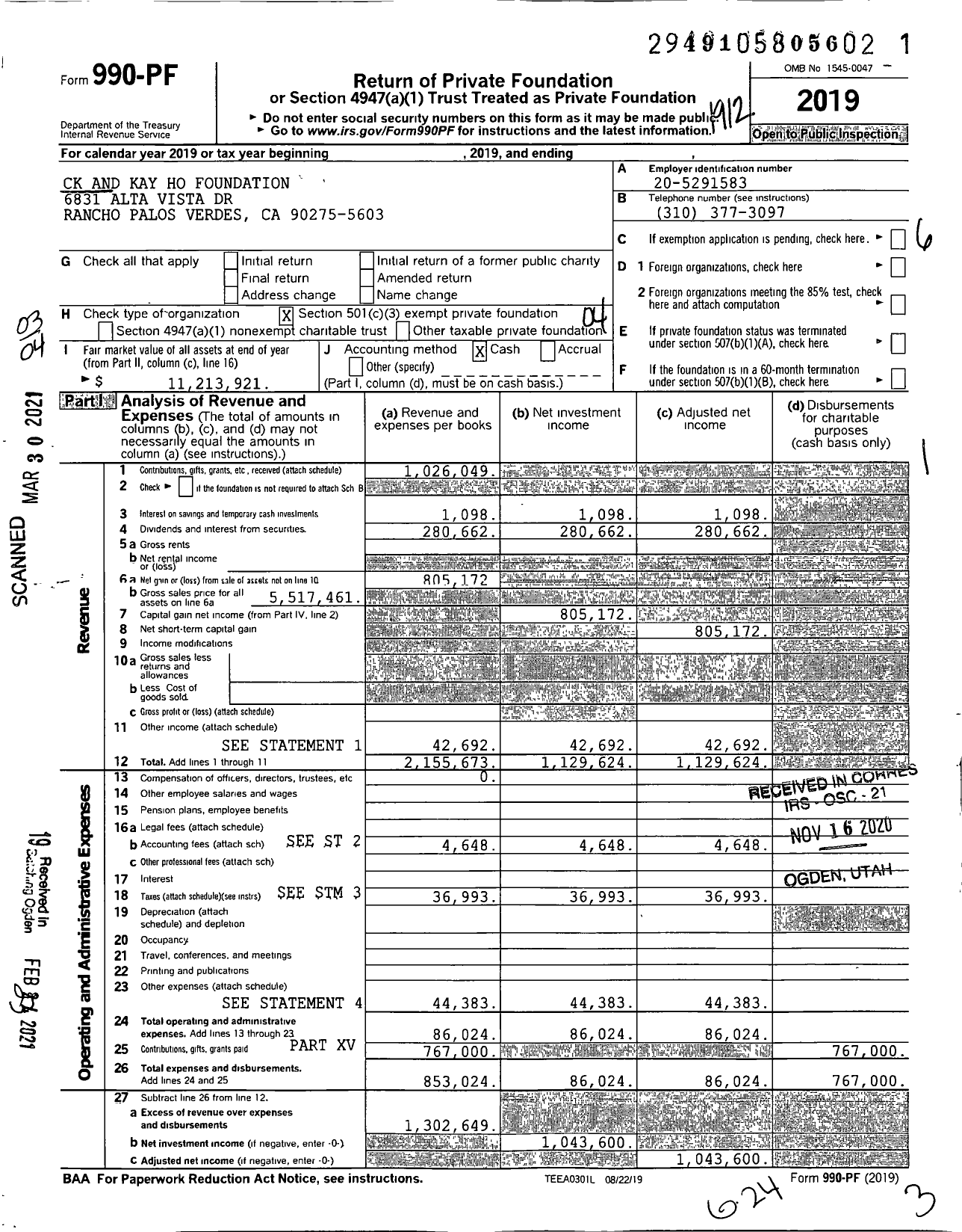 Image of first page of 2019 Form 990PF for CK and Kay Ho Foundation