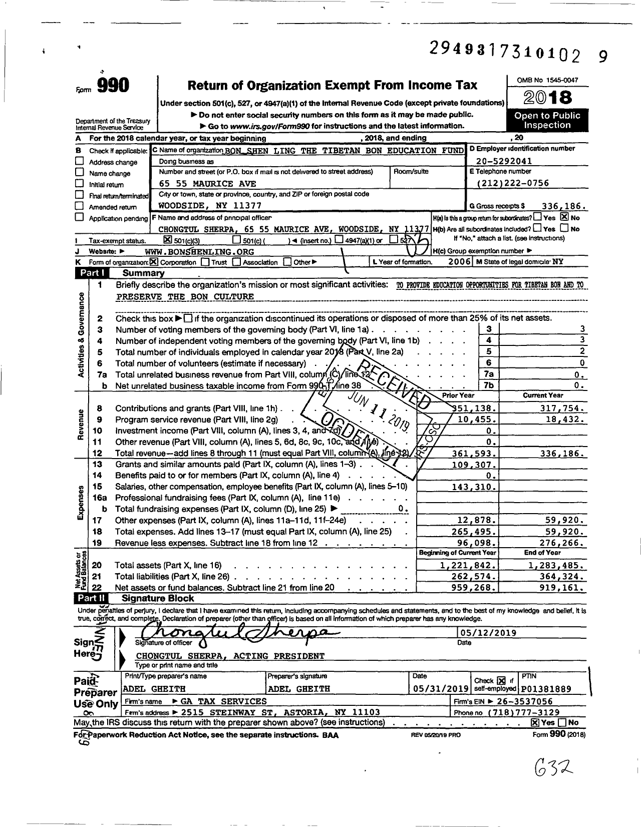 Image of first page of 2018 Form 990 for Bon Shen Ling the Tibetan Bon Education Fund