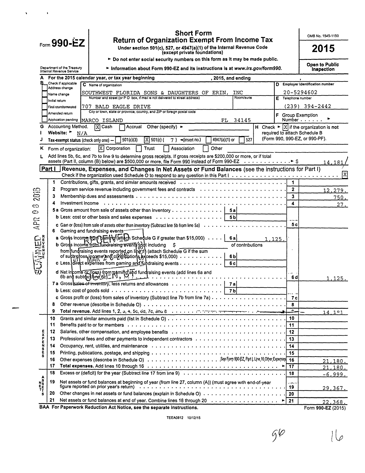 Image of first page of 2015 Form 990EO for Southwest Florida Sons and Daughters of Erin