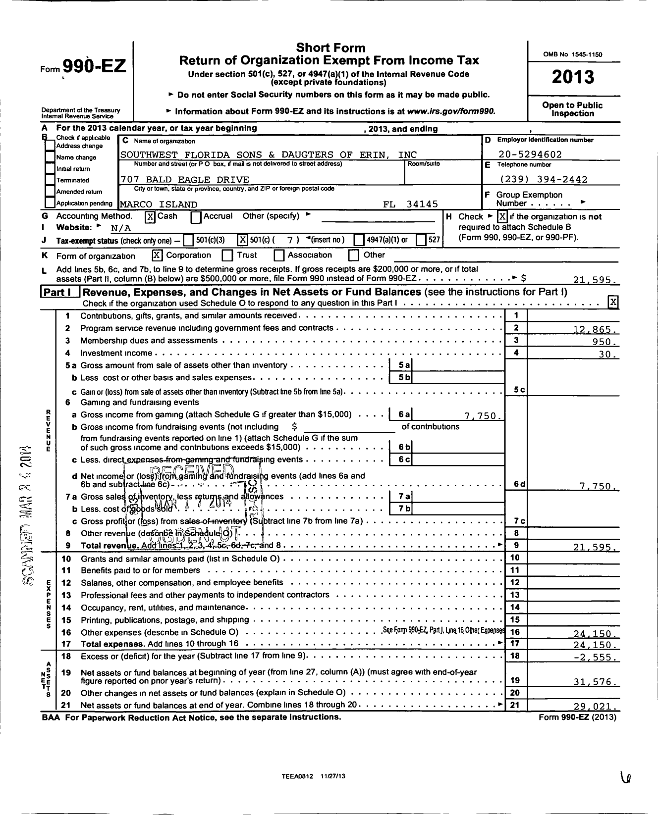 Image of first page of 2013 Form 990EO for Southwest Florida Sons and Daughters of Erin