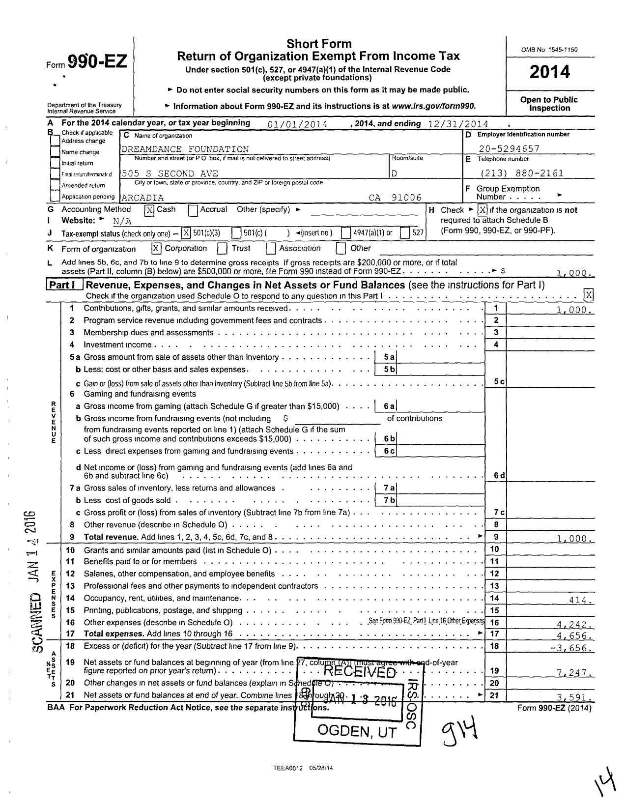 Image of first page of 2014 Form 990EZ for Dreamdance Foundation