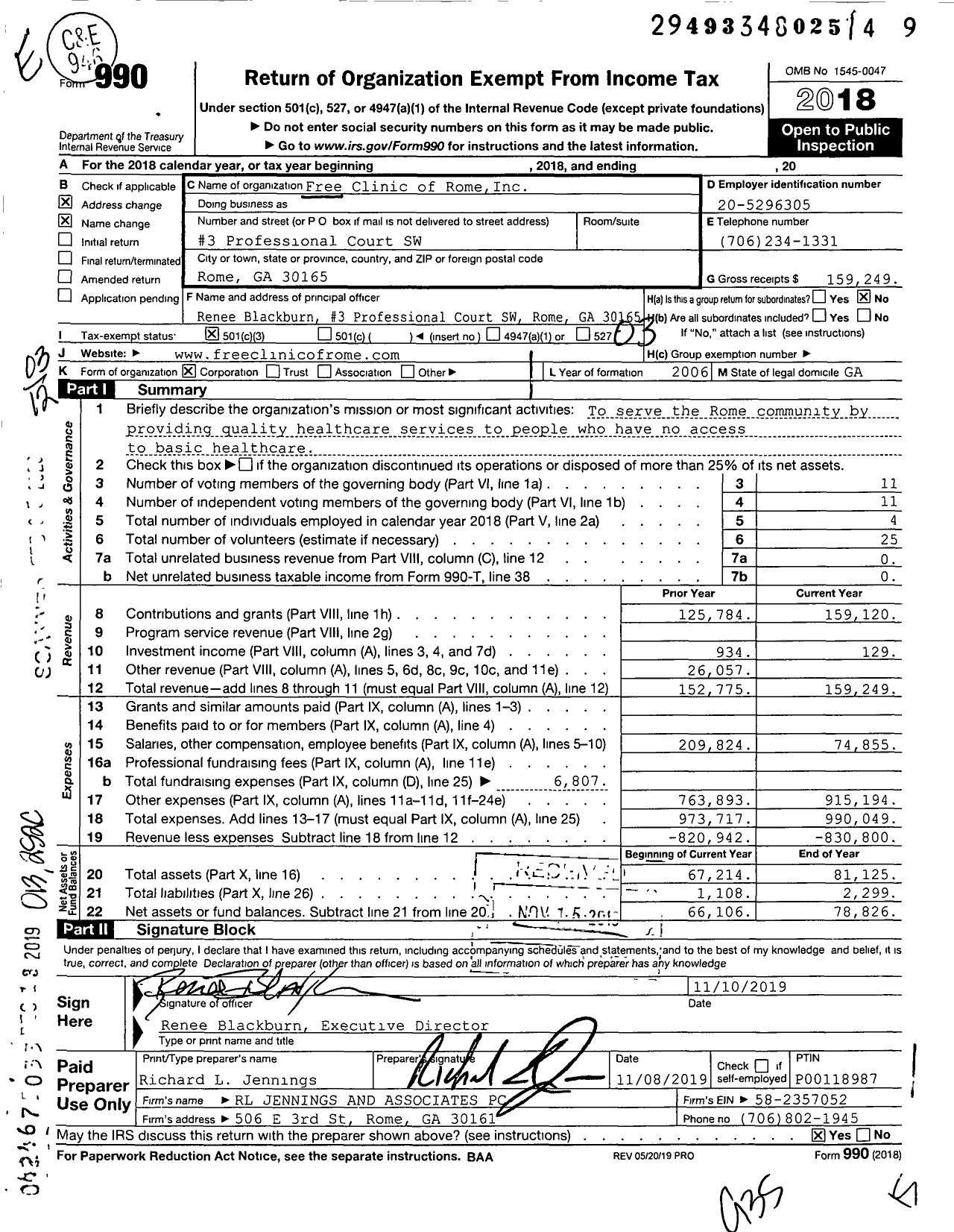 Image of first page of 2018 Form 990 for Free Clinic of Rome