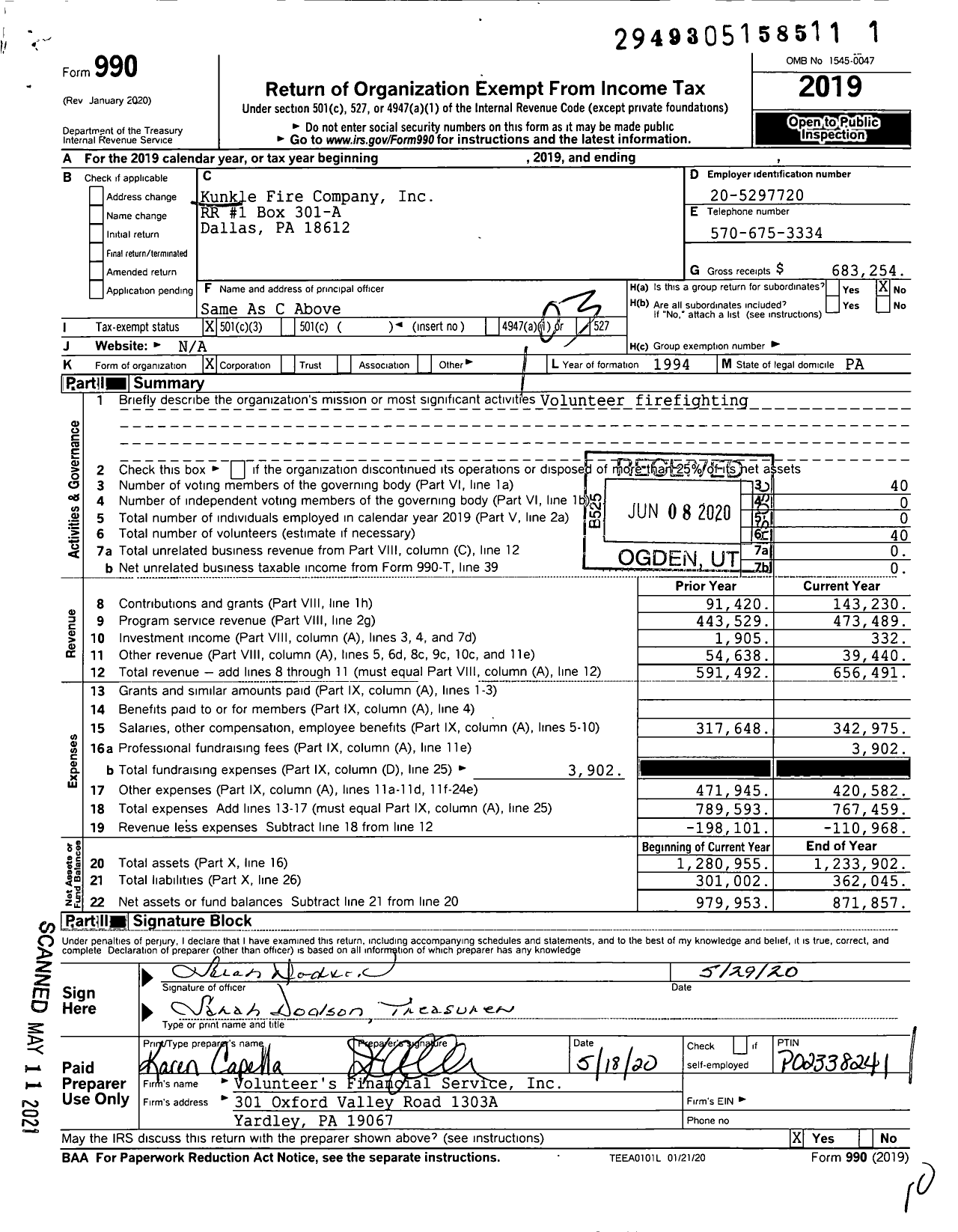 Image of first page of 2019 Form 990 for Kunkle Fire Company