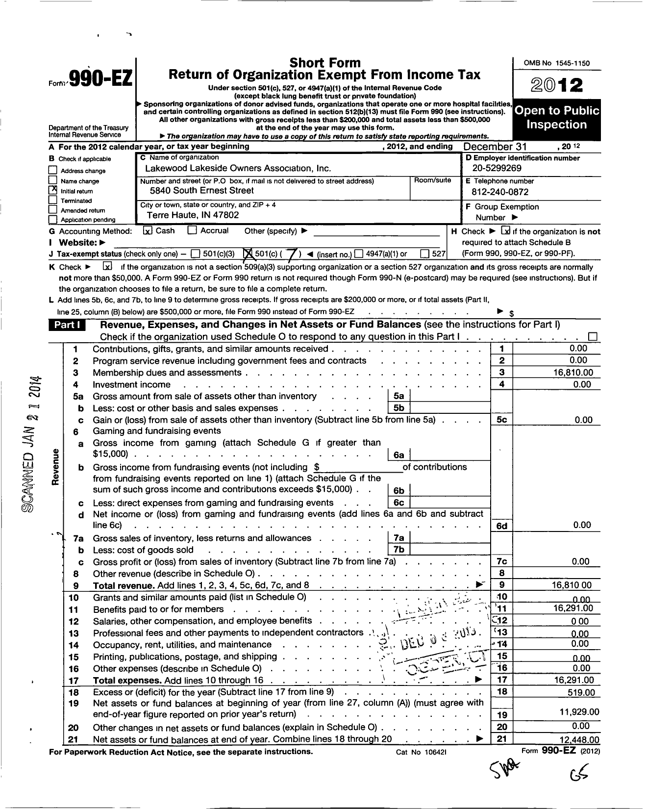 Image of first page of 2012 Form 990EO for Lakeside Owners