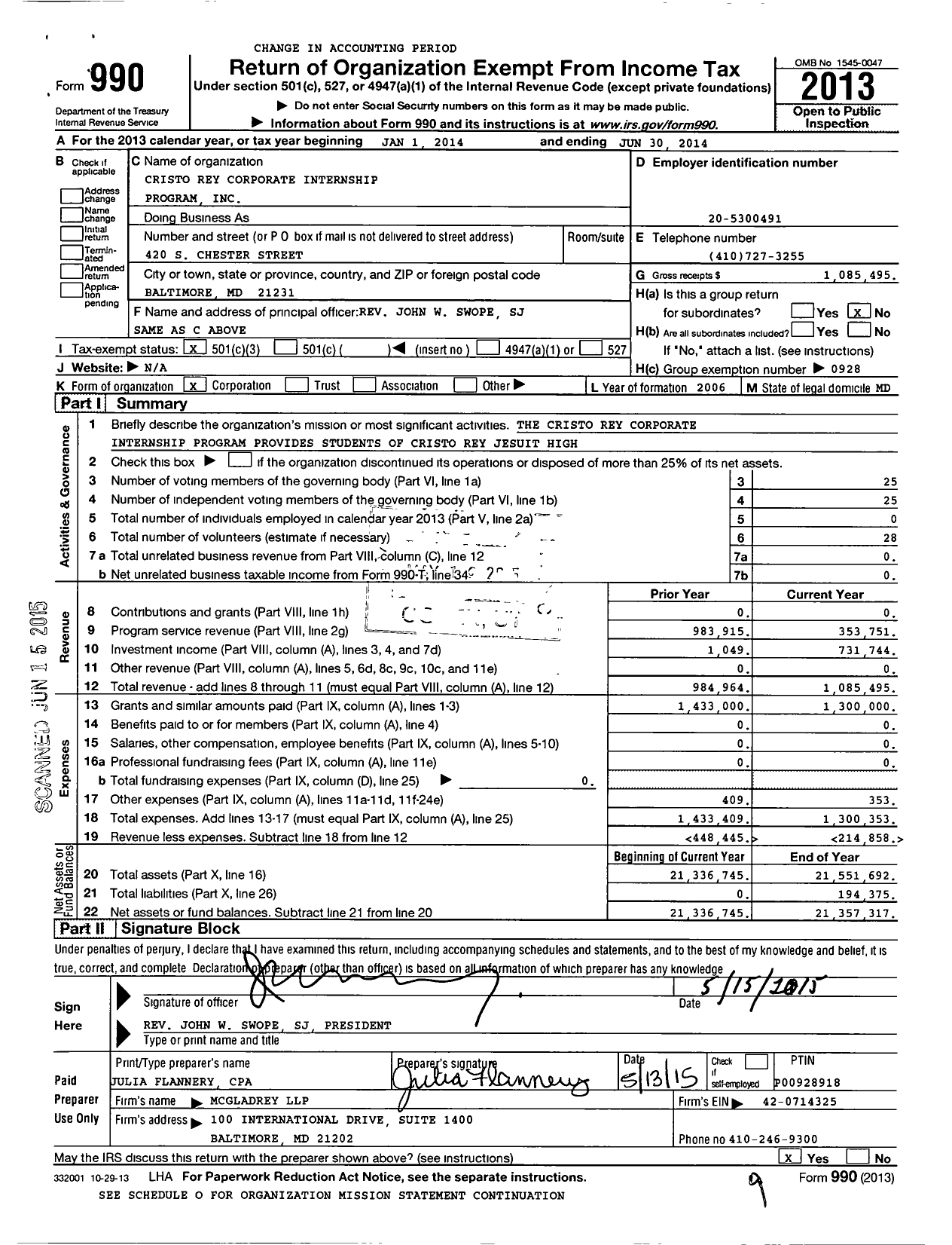 Image of first page of 2013 Form 990 for Cristo Rey Corporate Internship Program