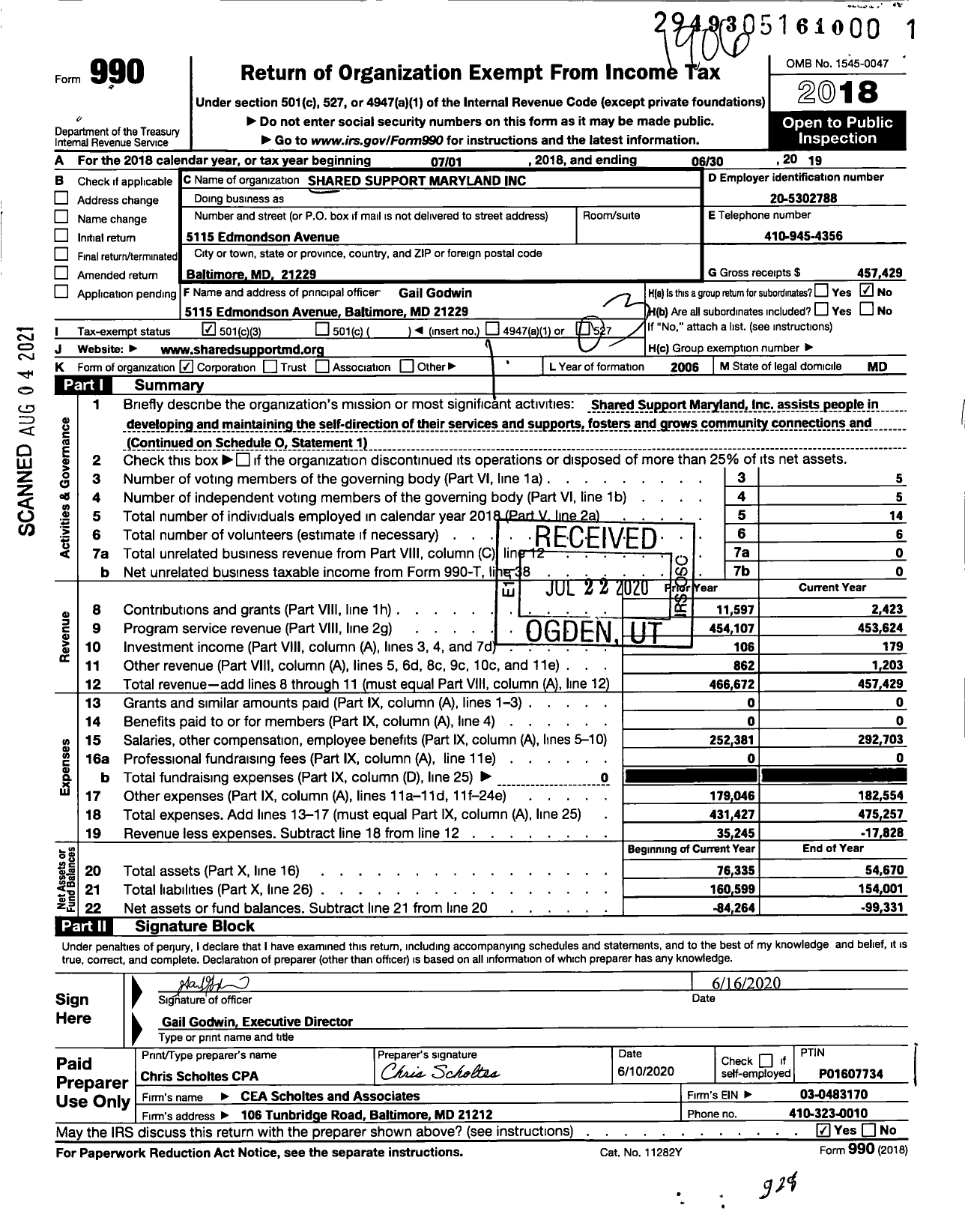 Image of first page of 2018 Form 990 for Shared Support Maryland