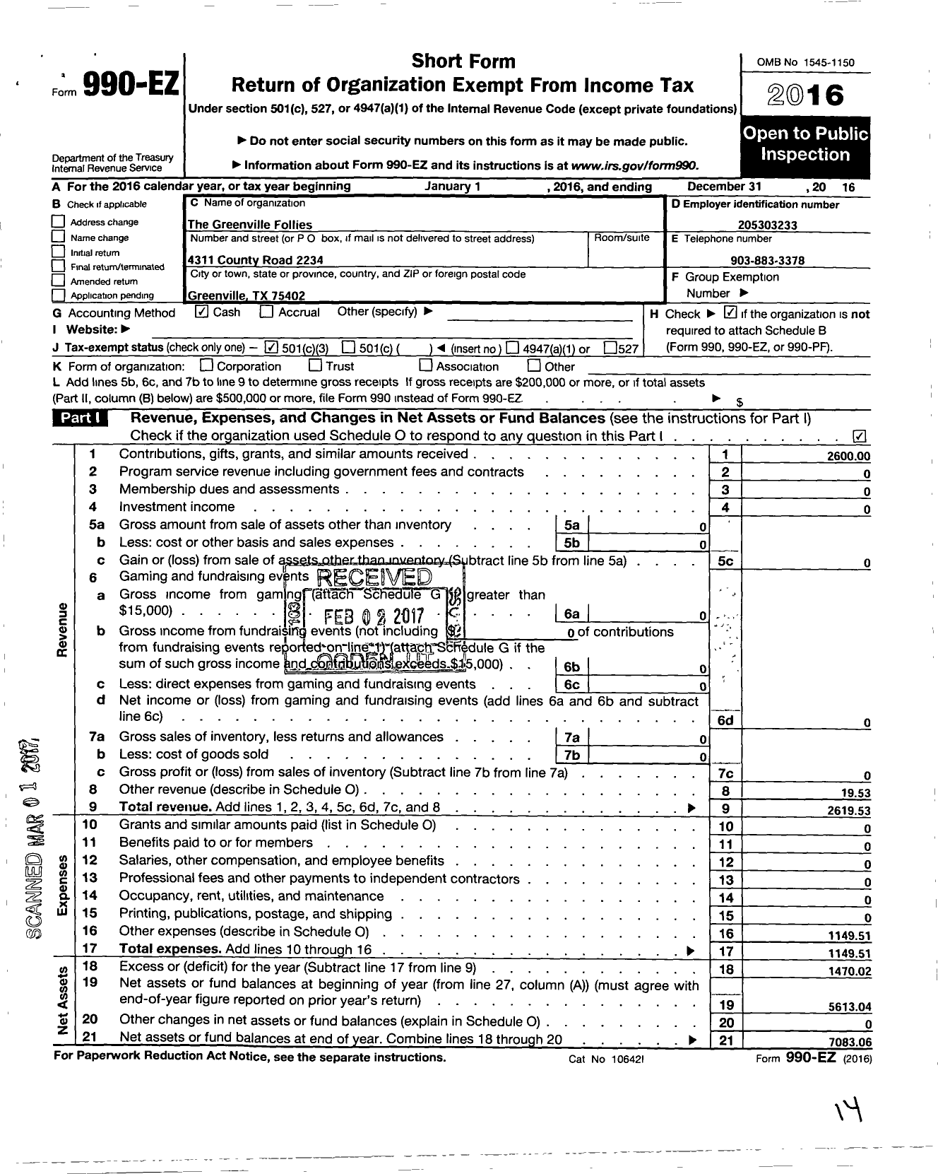 Image of first page of 2016 Form 990EZ for Greenville Follies