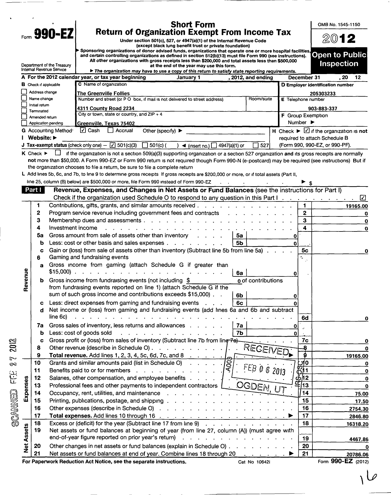 Image of first page of 2012 Form 990EZ for Greenville Follies