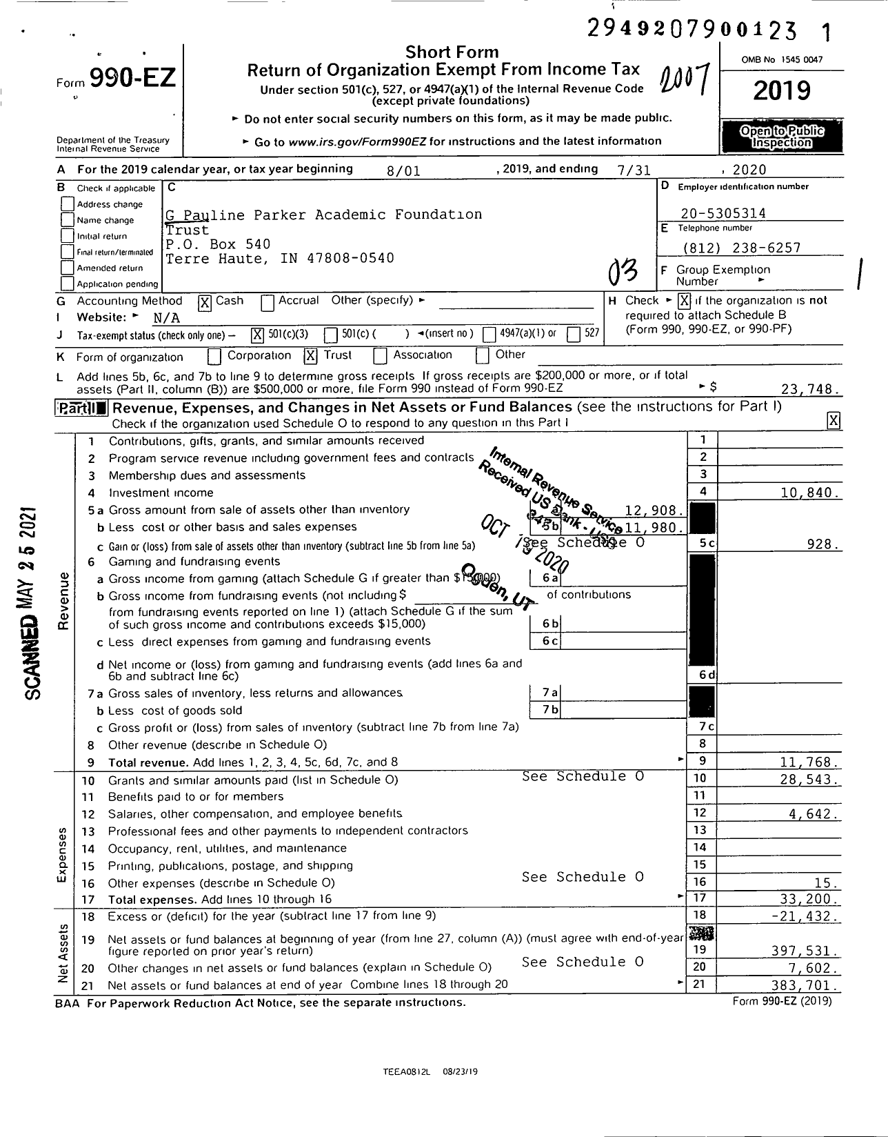 Image of first page of 2019 Form 990EZ for G Pauline Parker Academic Foundation Trust