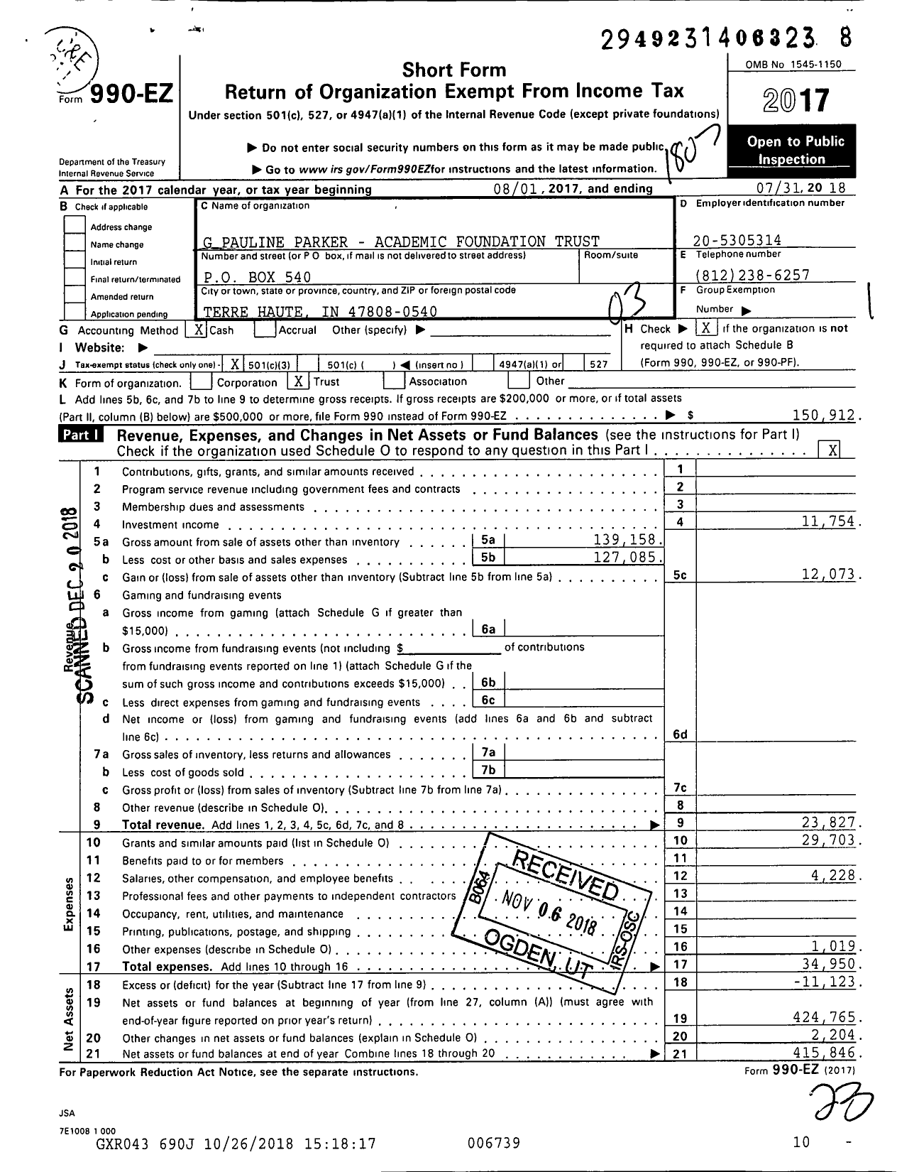 Image of first page of 2017 Form 990EZ for G Pauline Parker Academic Foundation Trust